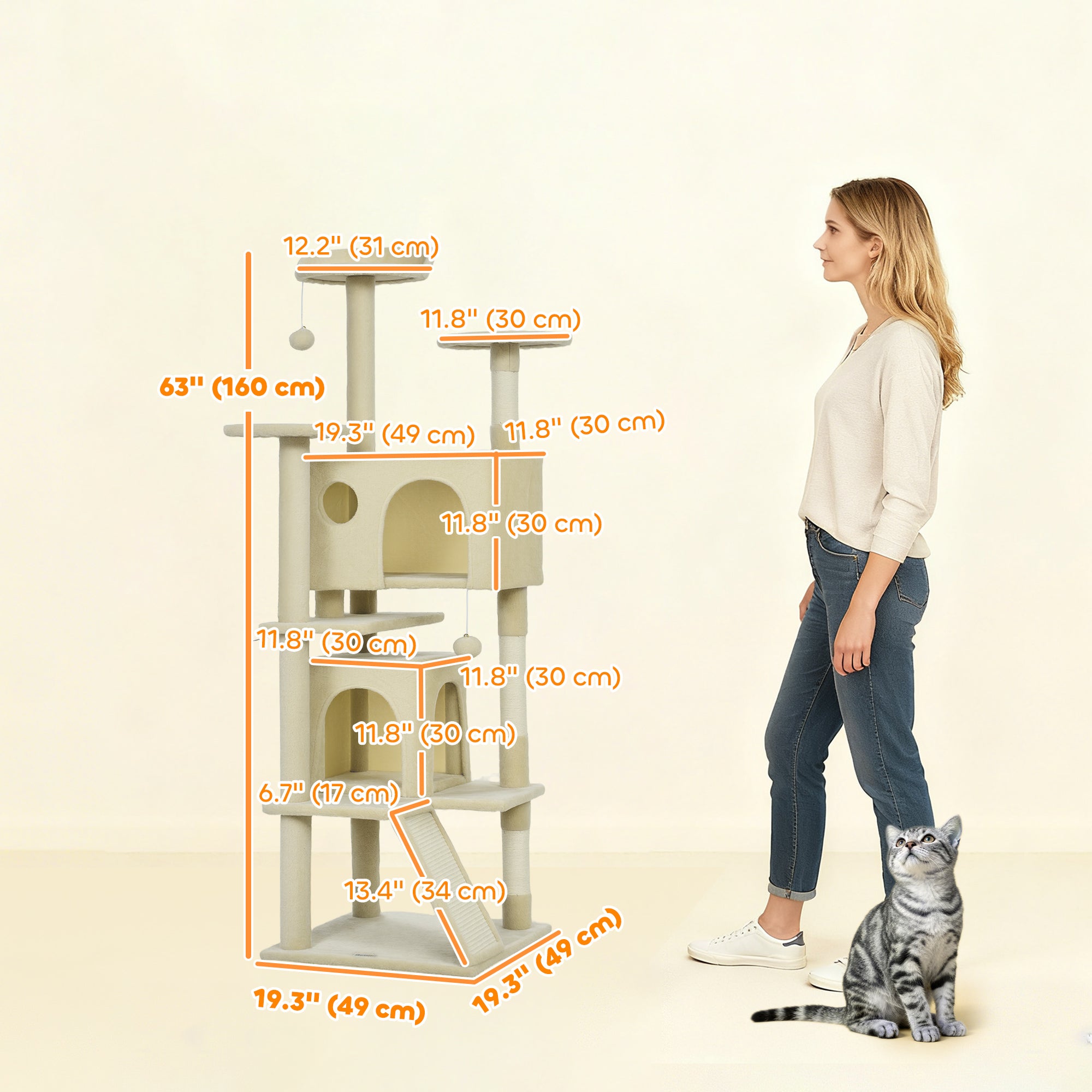 63" Cat Tree, Multi-Level Cat Tower with Scratching Posts, Cat Condos, Bed, Platforms, Ramp, Toy Ball, Cream White