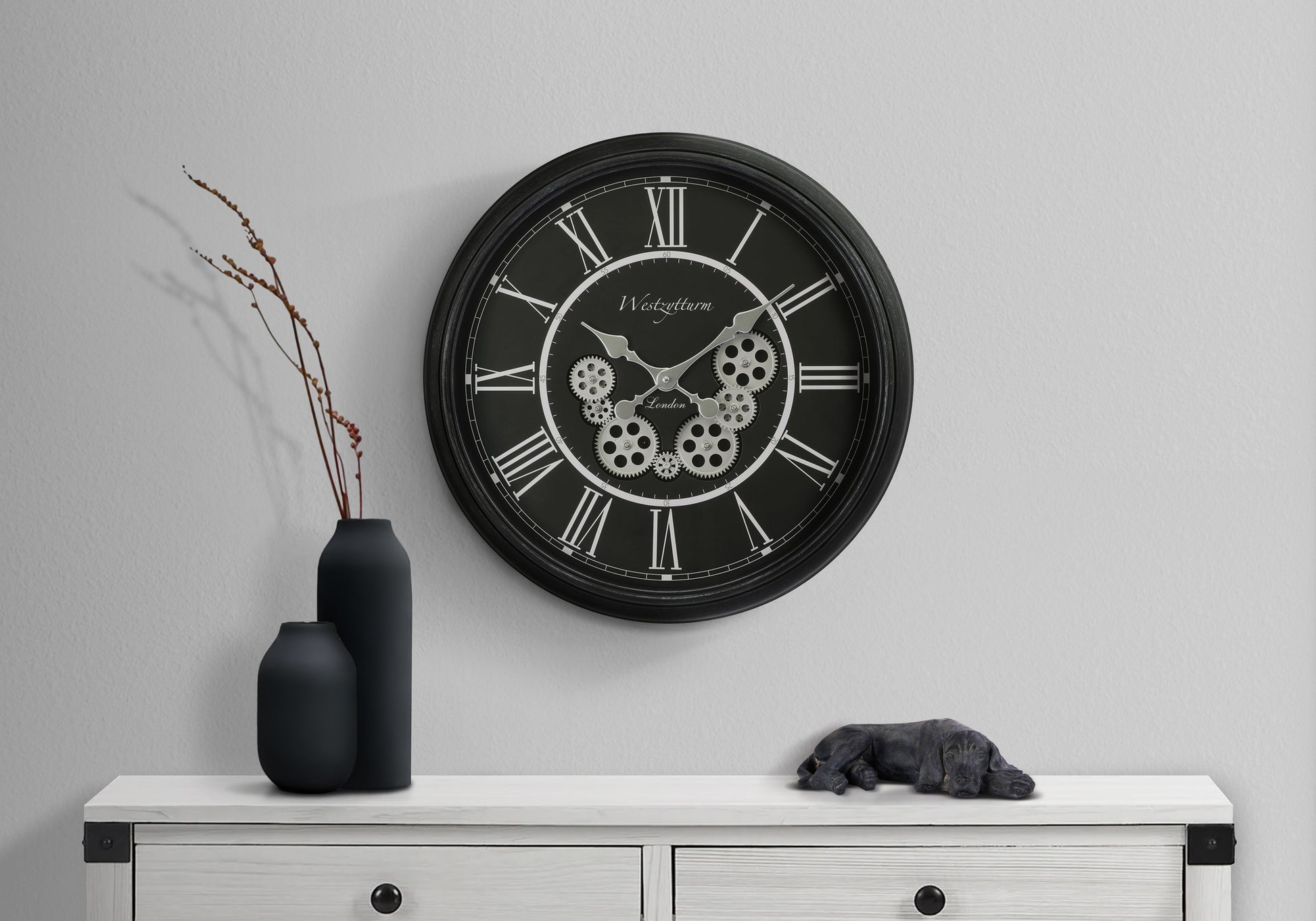 CLOCKS - 23"DIA / GEAR MECHANISM WALL CLOCK / BLACK-Clock-DECOROLALA