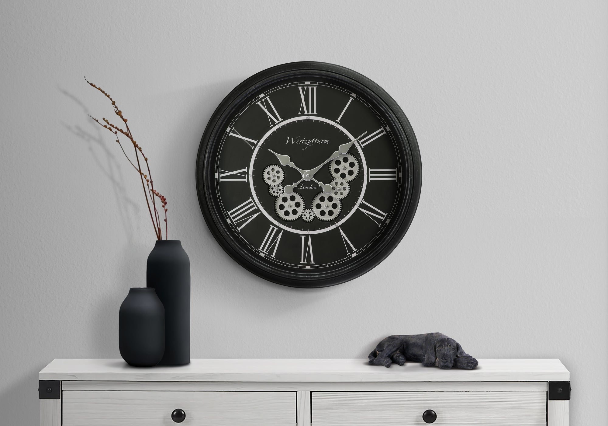 CLOCKS - 23"DIA / GEAR MECHANISM WALL CLOCK / BLACK-Clock-DECOROLALA