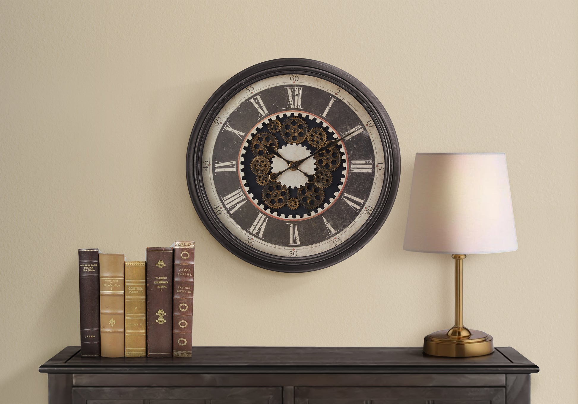 CLOCKS - 23"DIA / GEAR MECHANISM WALL CLOCK / BROWN-Clock-DECOROLALA