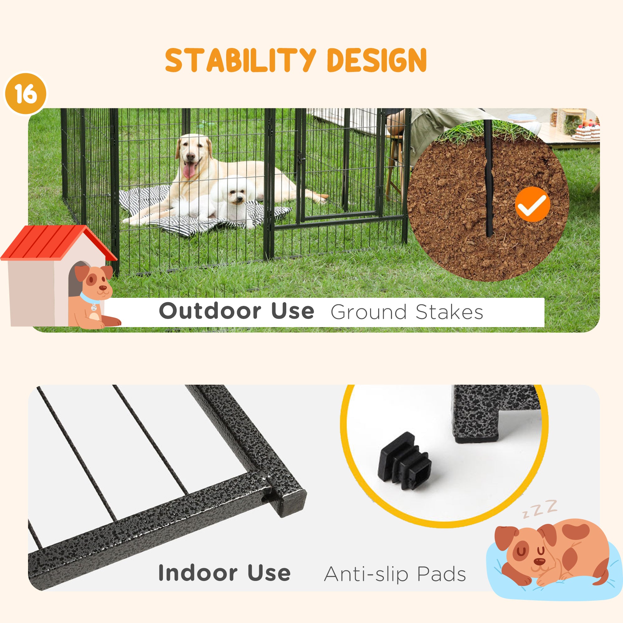 Parc à jeu robuste pour chiens, 16 panneaux, clôture pour animaux, parc d’exercice portable pour chiots, avec 2 portes à loquet verrouillable, pour une utilisation intérieure ou extérieure, hauteur de 23,5 pouces
