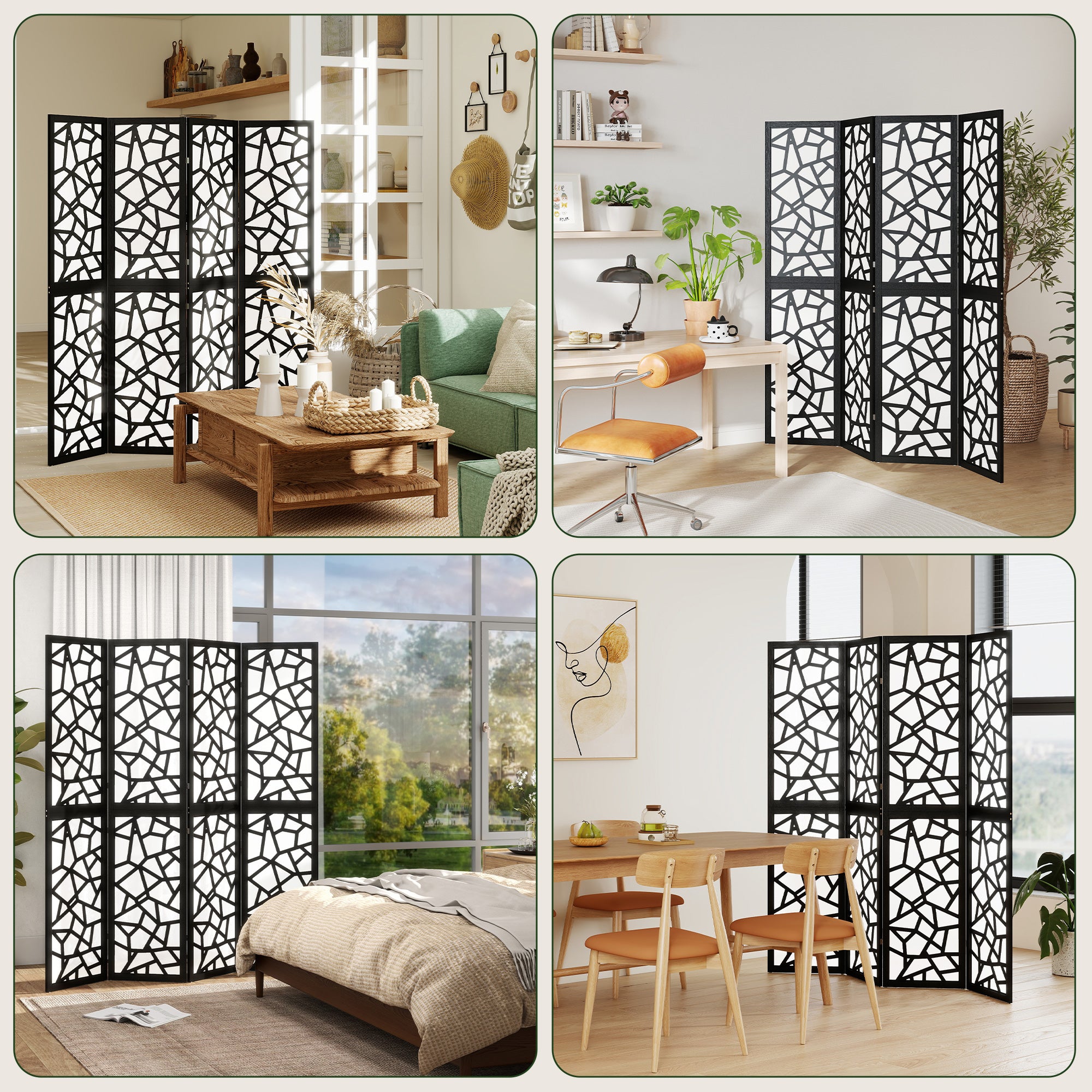 4 Panel Room Divider, 5.6 FT Lightweight Folding Privacy Screen with Geometric Pattern for Living Room, Bedroom, Black
