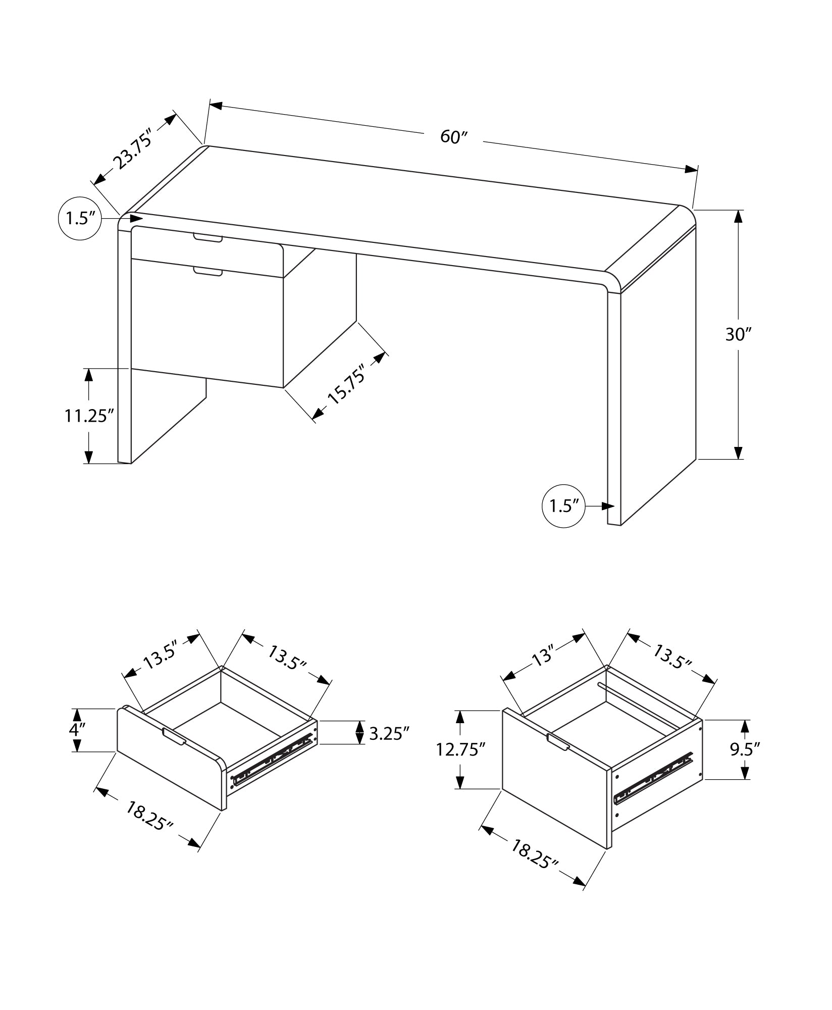 COMPUTER DESK - 60"L / HIGH GLOSSY WHITE L/R FACE DRAWER-Computer Desk-DECOROLALA