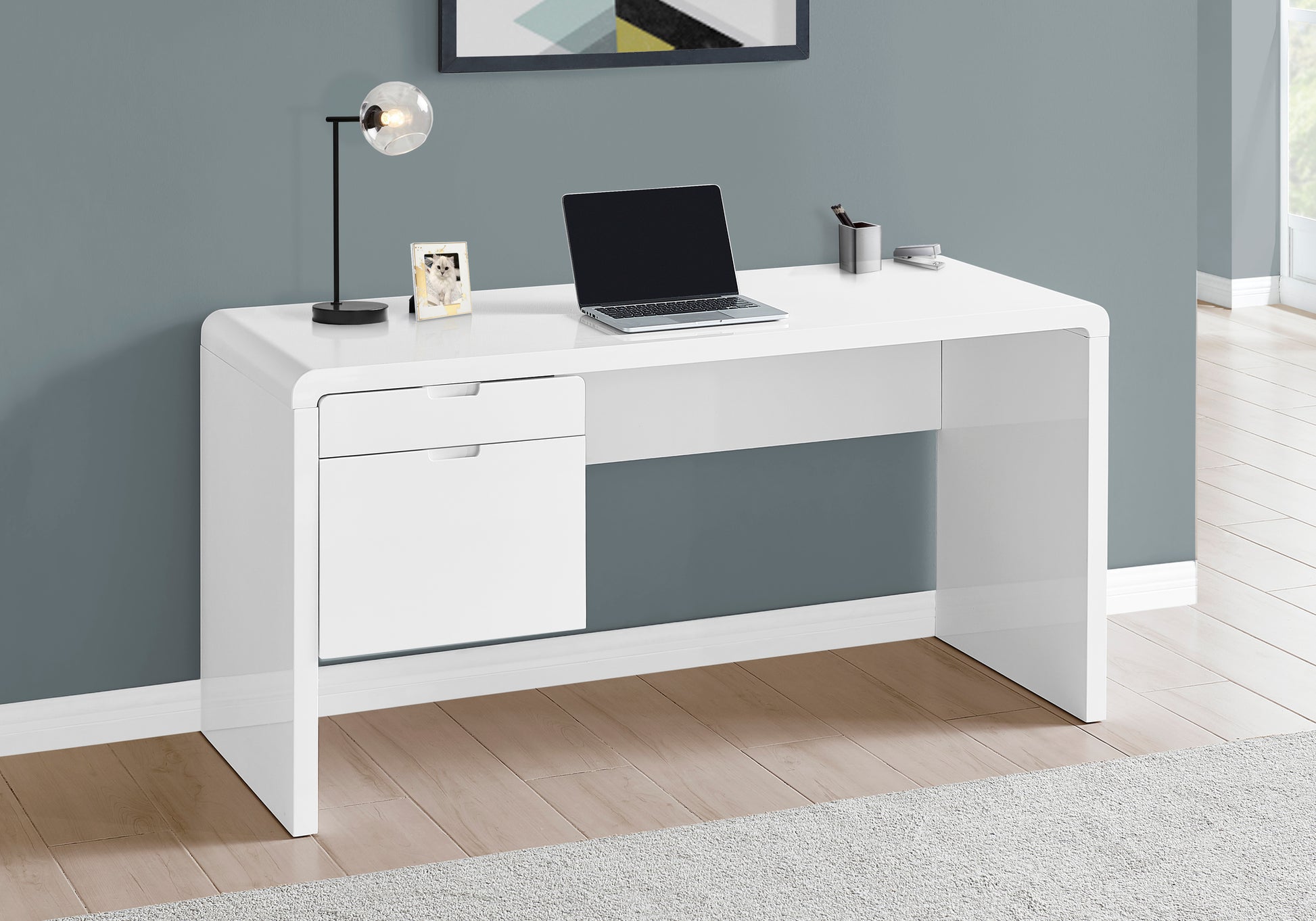 COMPUTER DESK - 60"L / HIGH GLOSSY WHITE L/R FACE DRAWER-Computer Desk-DECOROLALA