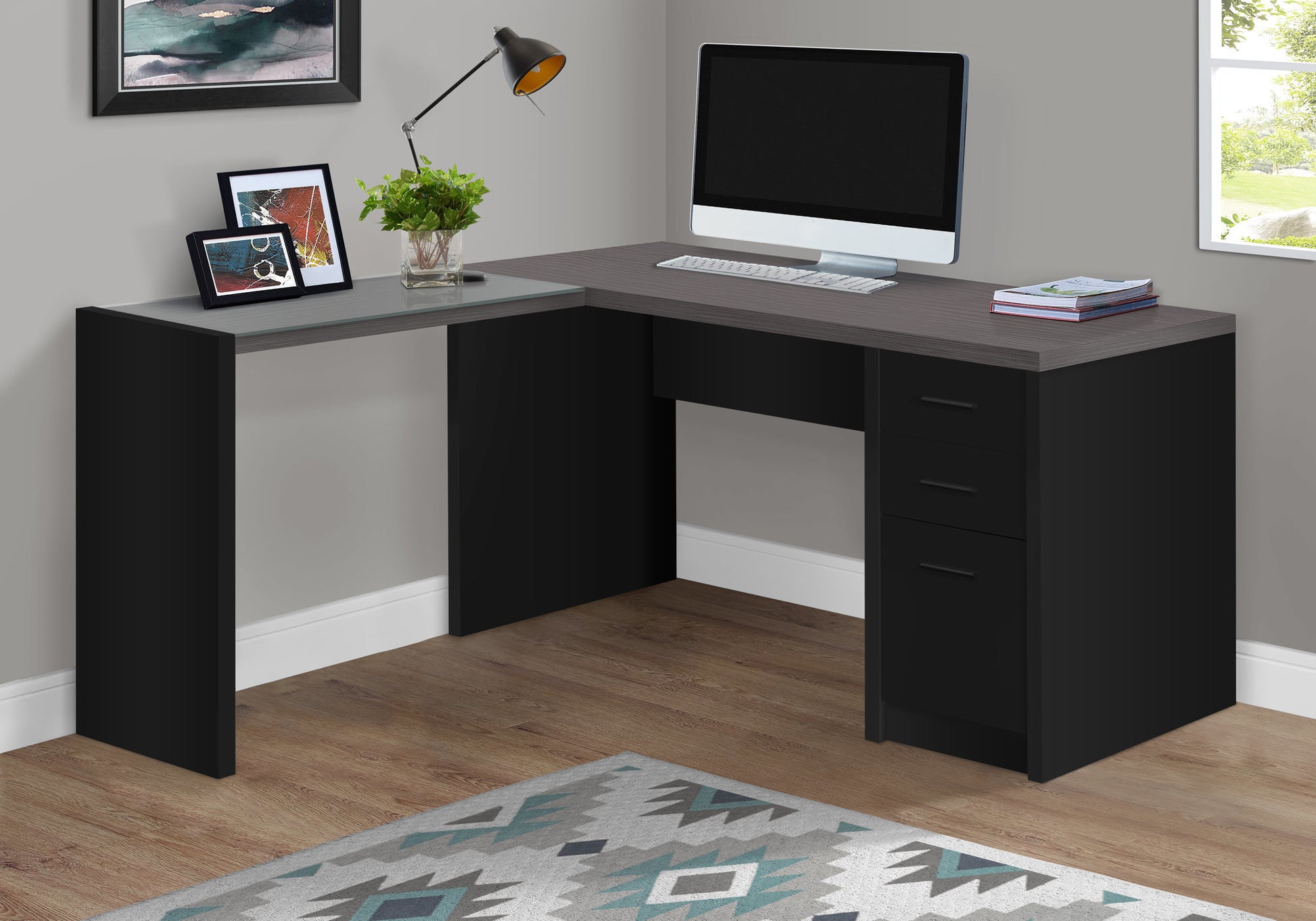 COMPUTER DESK - BLACK / GREY TOP CORNER W/ TEMPERED GLASS-Computer Desk-DECOROLALA