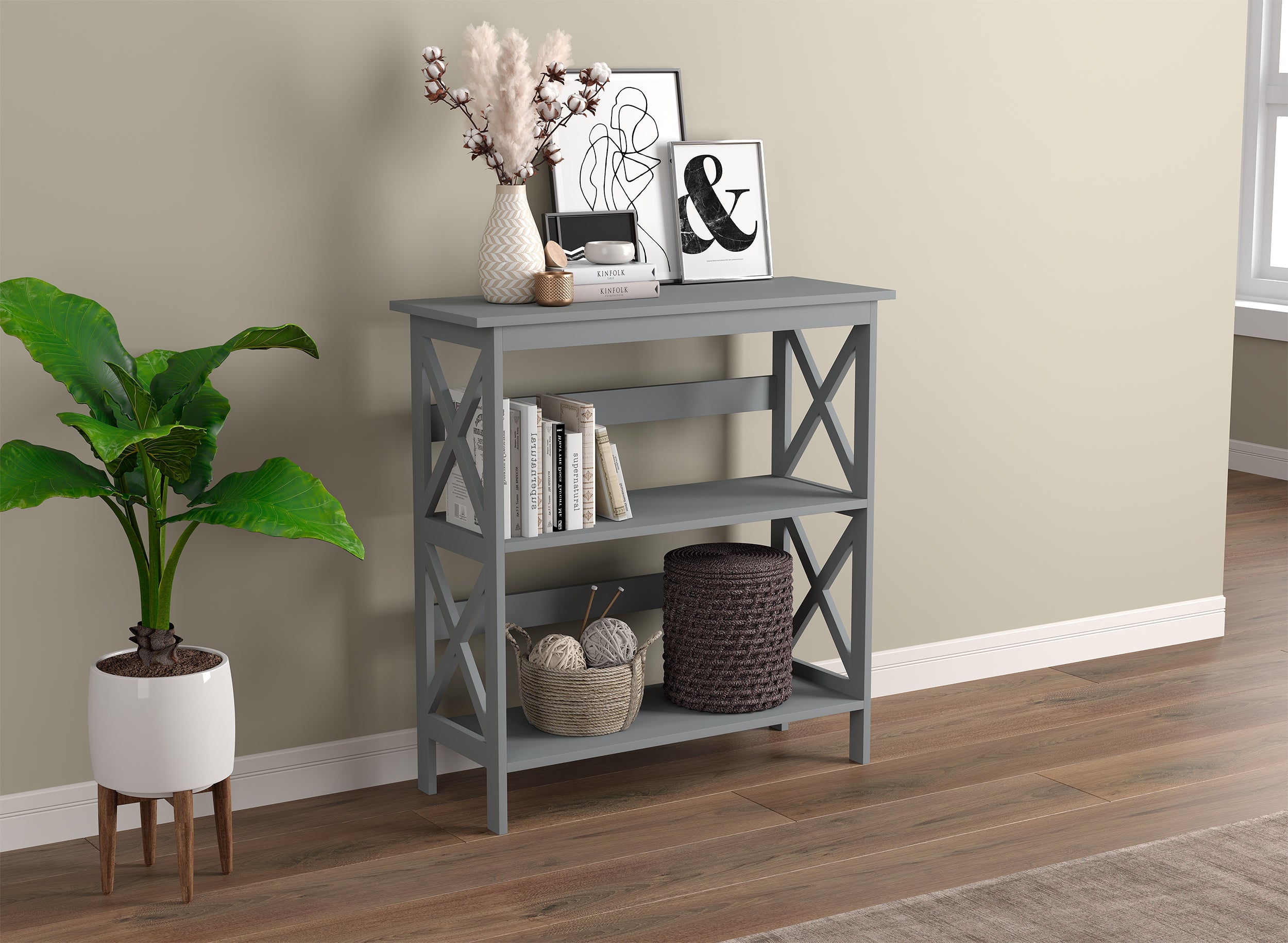 CONSOLE TABLE 31.5" LIGHT GREY 2 SHELVES MDF-Consoles-DECOROLALA