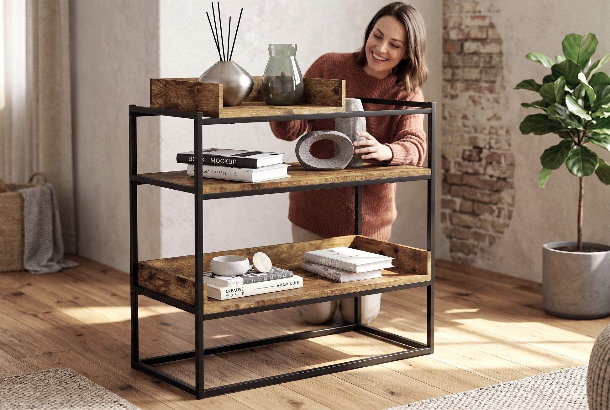 CONSOLE TABLE 32" BROWN RECLAIMED WOOD 3-SHELF-Consoles-DECOROLALA
