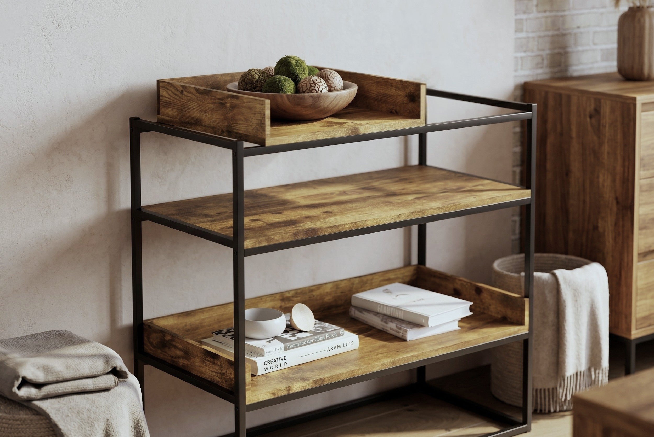 CONSOLE TABLE 32" BROWN RECLAIMED WOOD 3-SHELF-Consoles-DECOROLALA