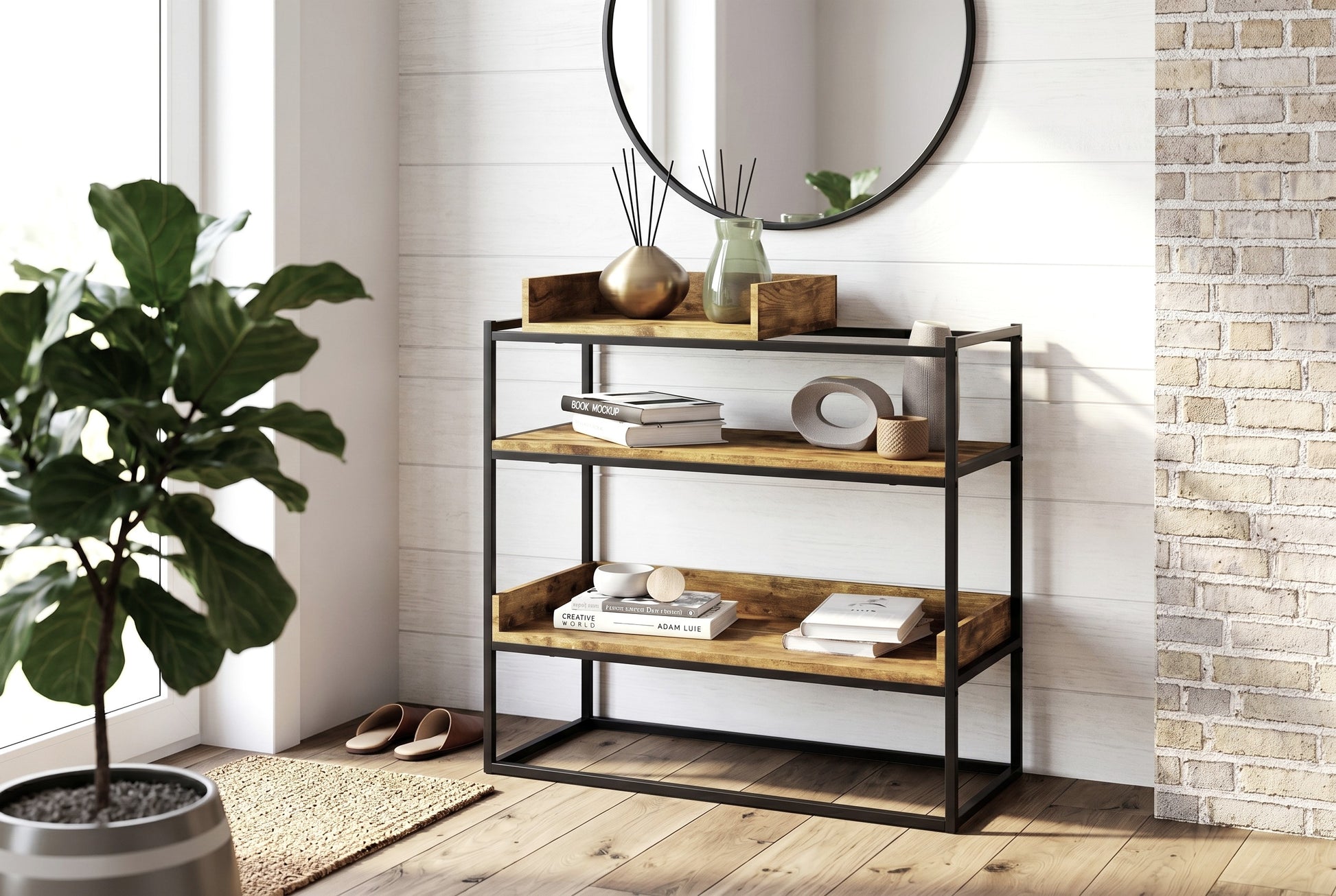 CONSOLE TABLE 32" BROWN RECLAIMED WOOD 3-SHELF-Consoles-DECOROLALA