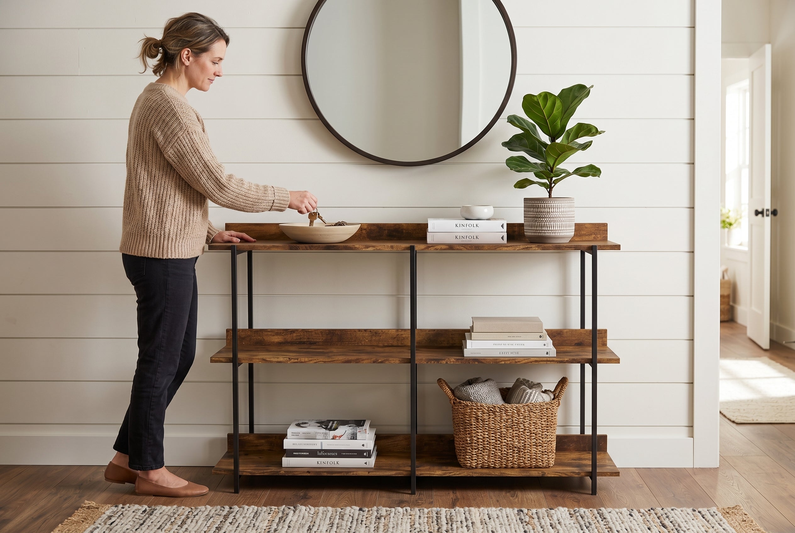 CONSOLE TABLE 34L RECLAIMED WOOD 3 SHELF BLACK METAL-Consoles-DECOROLALA