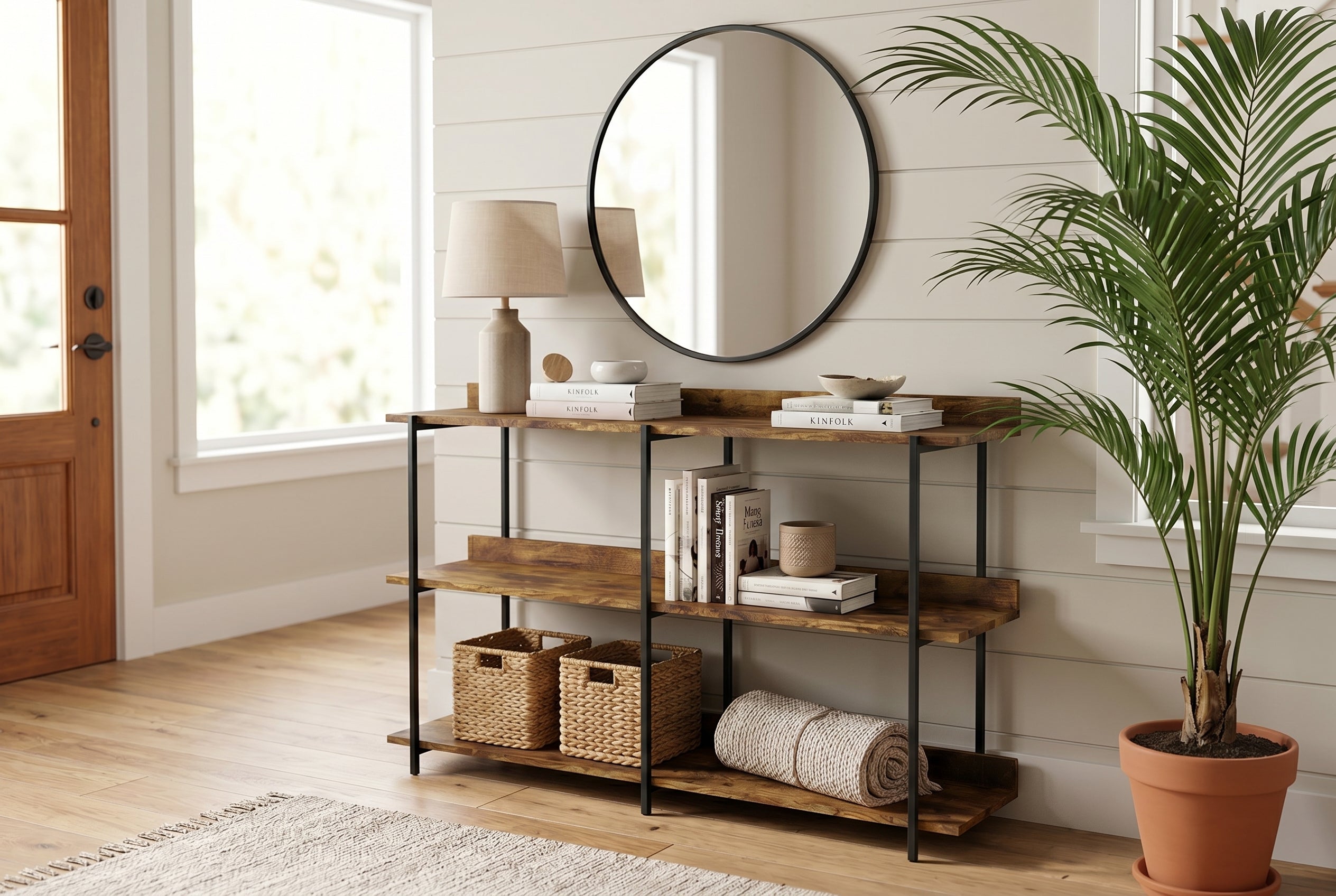CONSOLE TABLE 34L RECLAIMED WOOD 3 SHELF BLACK METAL-Consoles-DECOROLALA