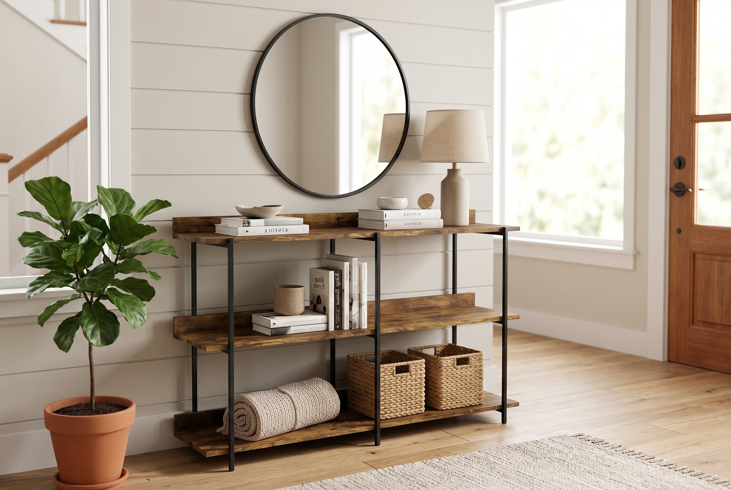 CONSOLE TABLE 34L RECLAIMED WOOD 3 SHELF BLACK METAL-Consoles-DECOROLALA