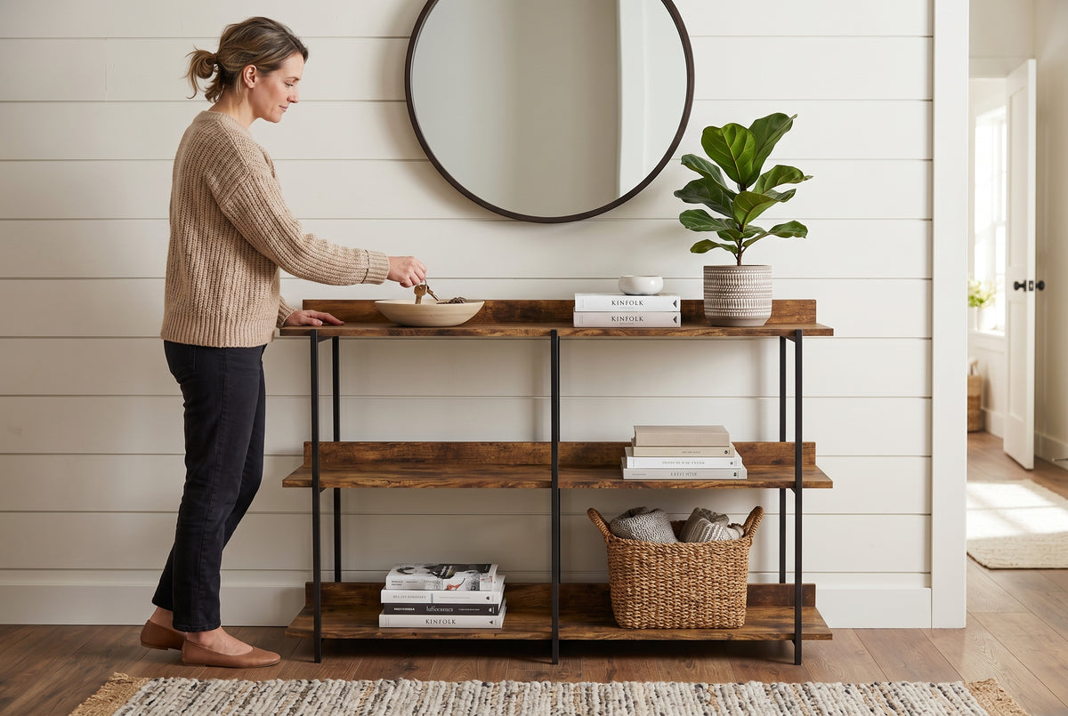CONSOLE TABLE 34L RECLAIMED WOOD 3 SHELF BLACK METAL-TV Consoles-DECOROLALA