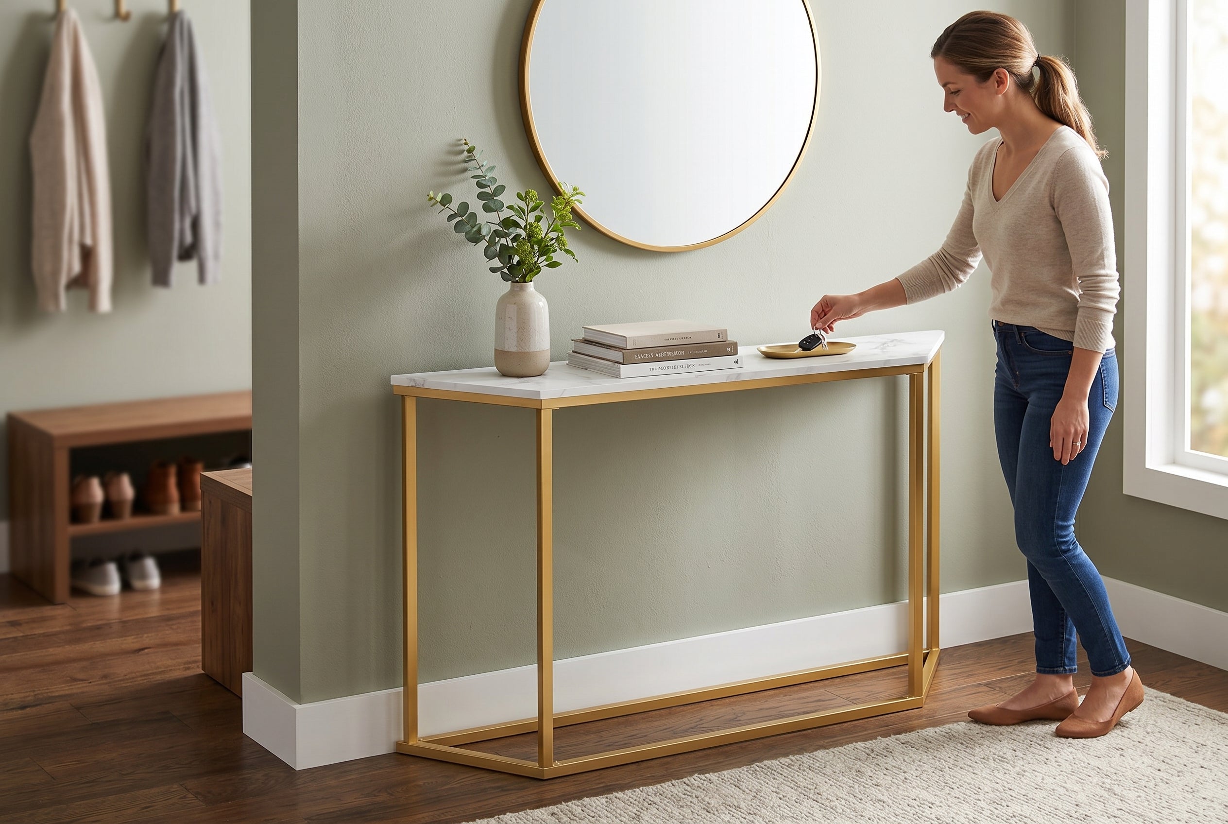 CONSOLE TABLE 44" Marble White Gold Metal-Consoles-DECOROLALA