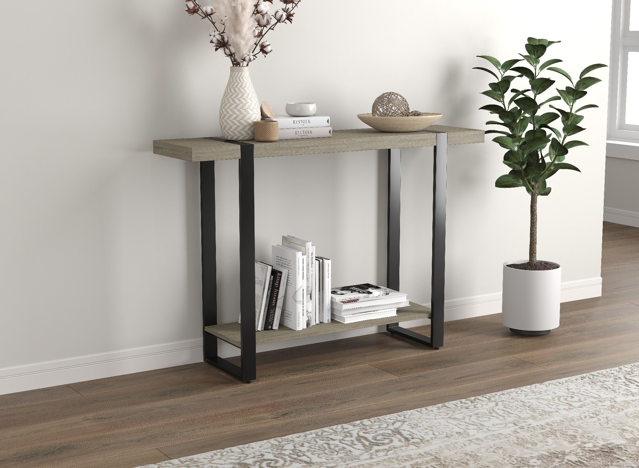 CONSOLE TABLE 47" DARK TAUPE 1 SHELF BLACK METAL-Consoles-DECOROLALA