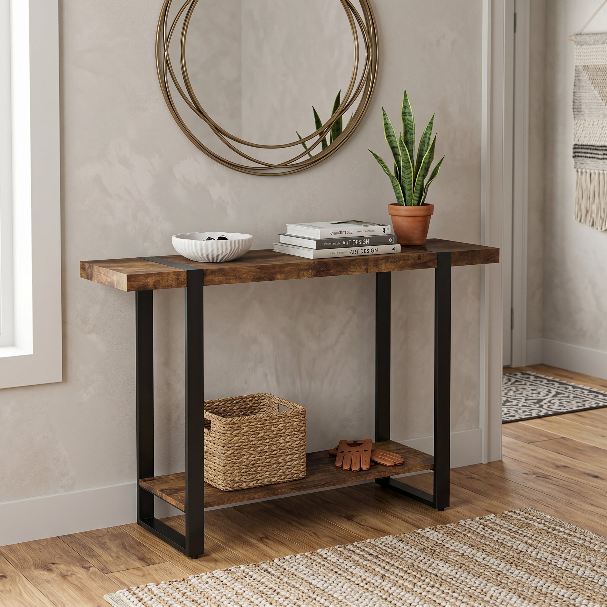 CONSOLE TABLE 47.5" BROWN RECLAIMED WOOD BLACK METAL-Consoles-DECOROLALA