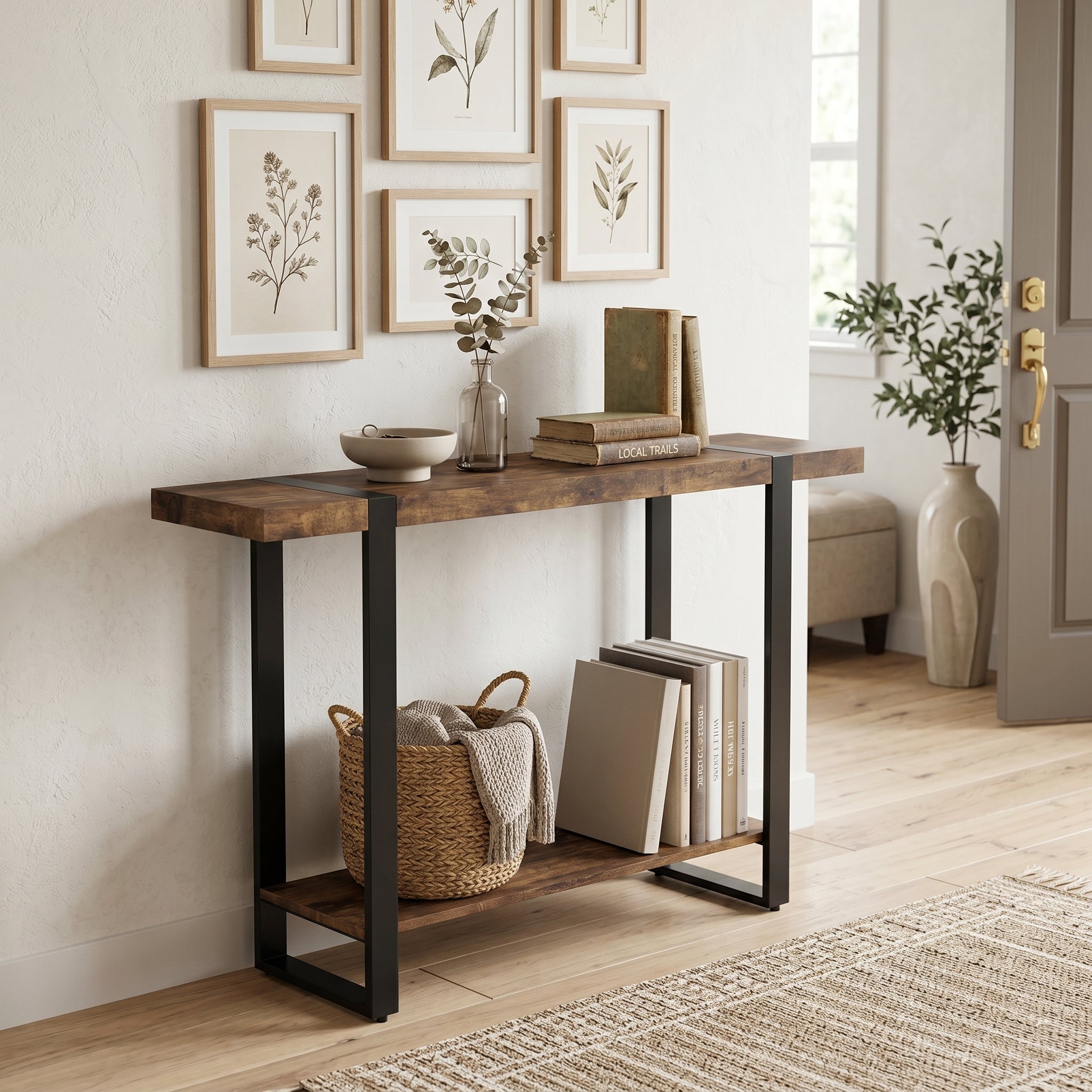CONSOLE TABLE 47.5" BROWN RECLAIMED WOOD BLACK METAL-Consoles-DECOROLALA