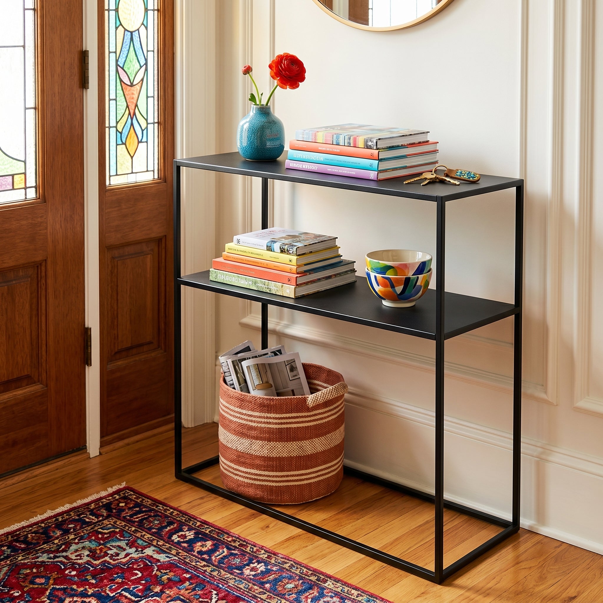 CONSOLE TABLE METAL 28" BLACK 2-TIER-Consoles-DECOROLALA