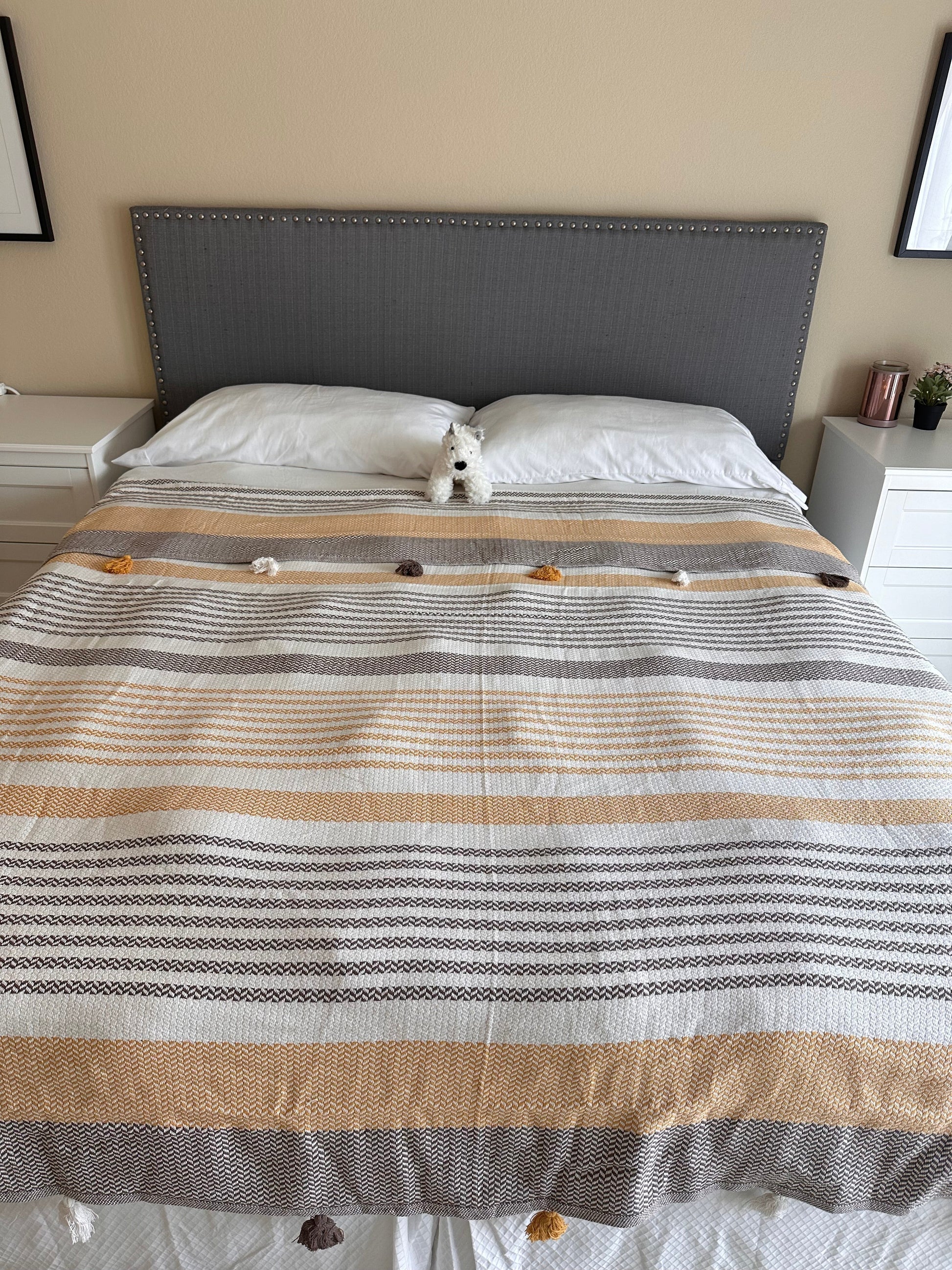 COTTON BROWN POM POM BEDSPREAD-Bedspread-DECOROLALA