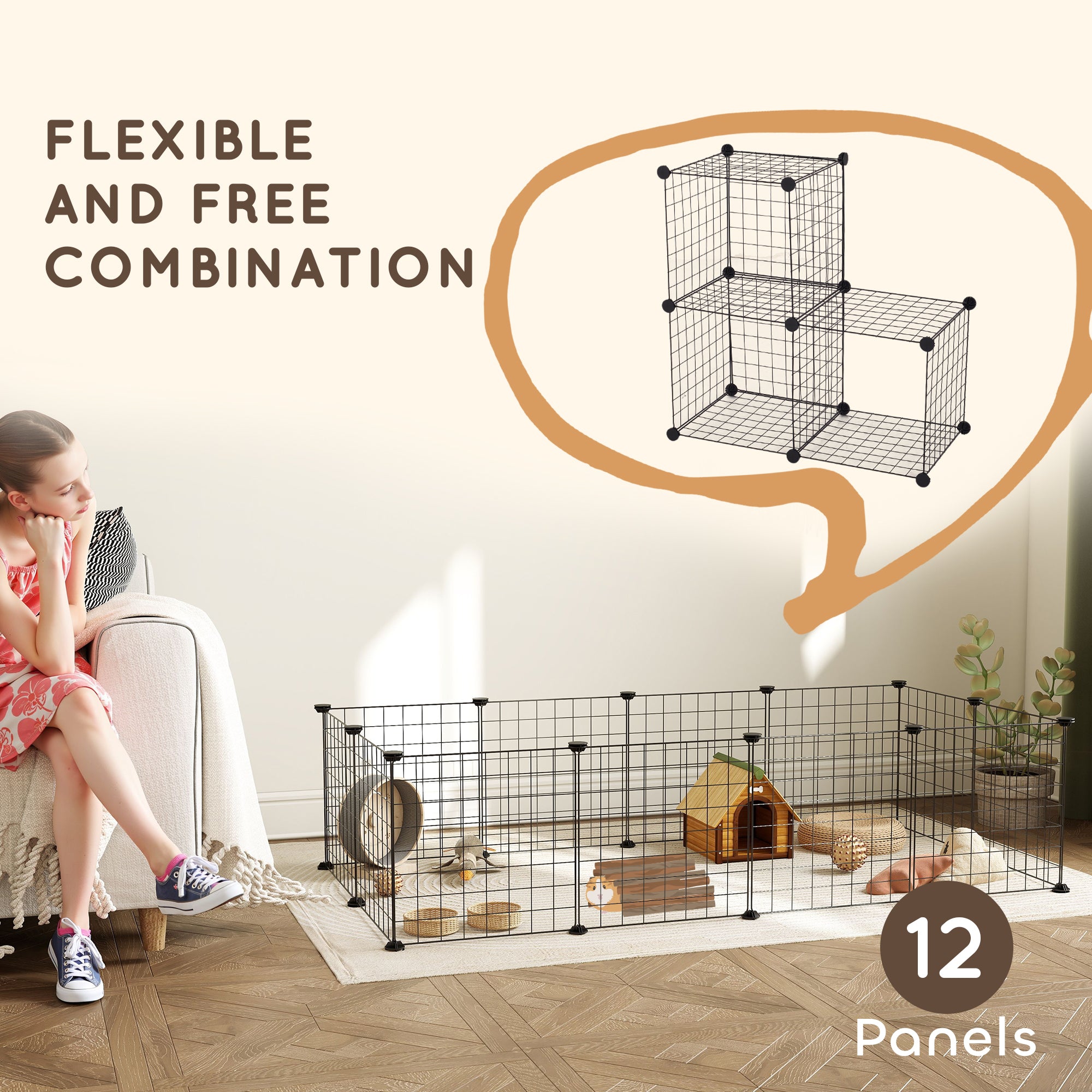 Pet Playpen, DIY Cage House for Small Animals, Guinea Pigs, Hedgehogs, Black