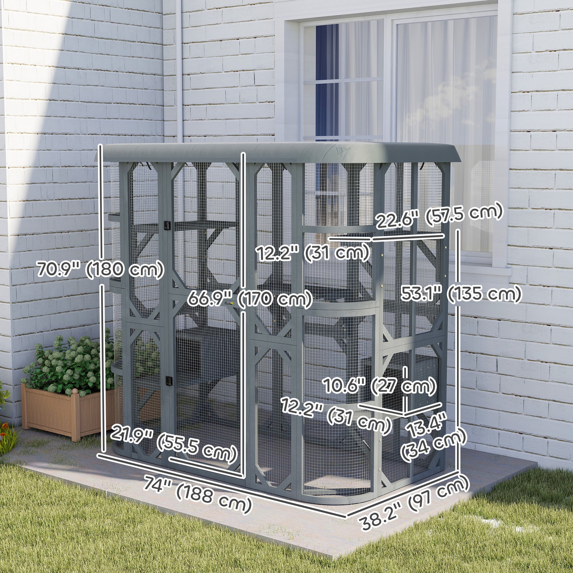 Catio Outdoor Cat Enclosure, 71" Wooden Cat House with Platforms, Condos and Waterproof Cover for 2–3 Kittens, Grey