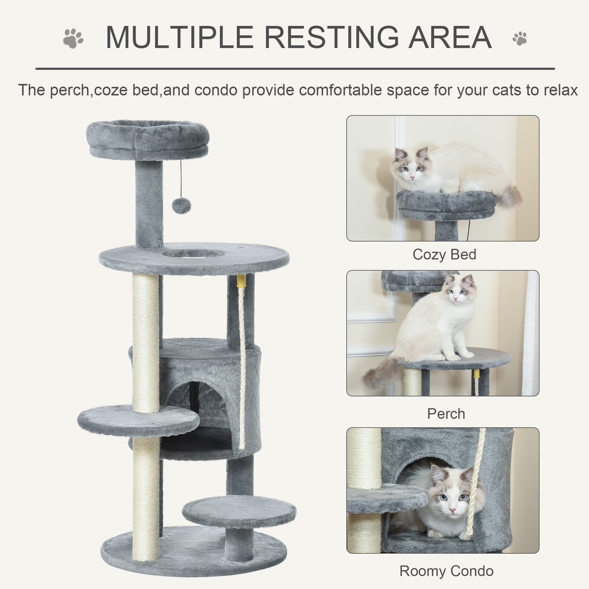 41" Cat Tree Tower Activity Center with Condo, Scratching Posts and Hanging Toys, Dark Grey