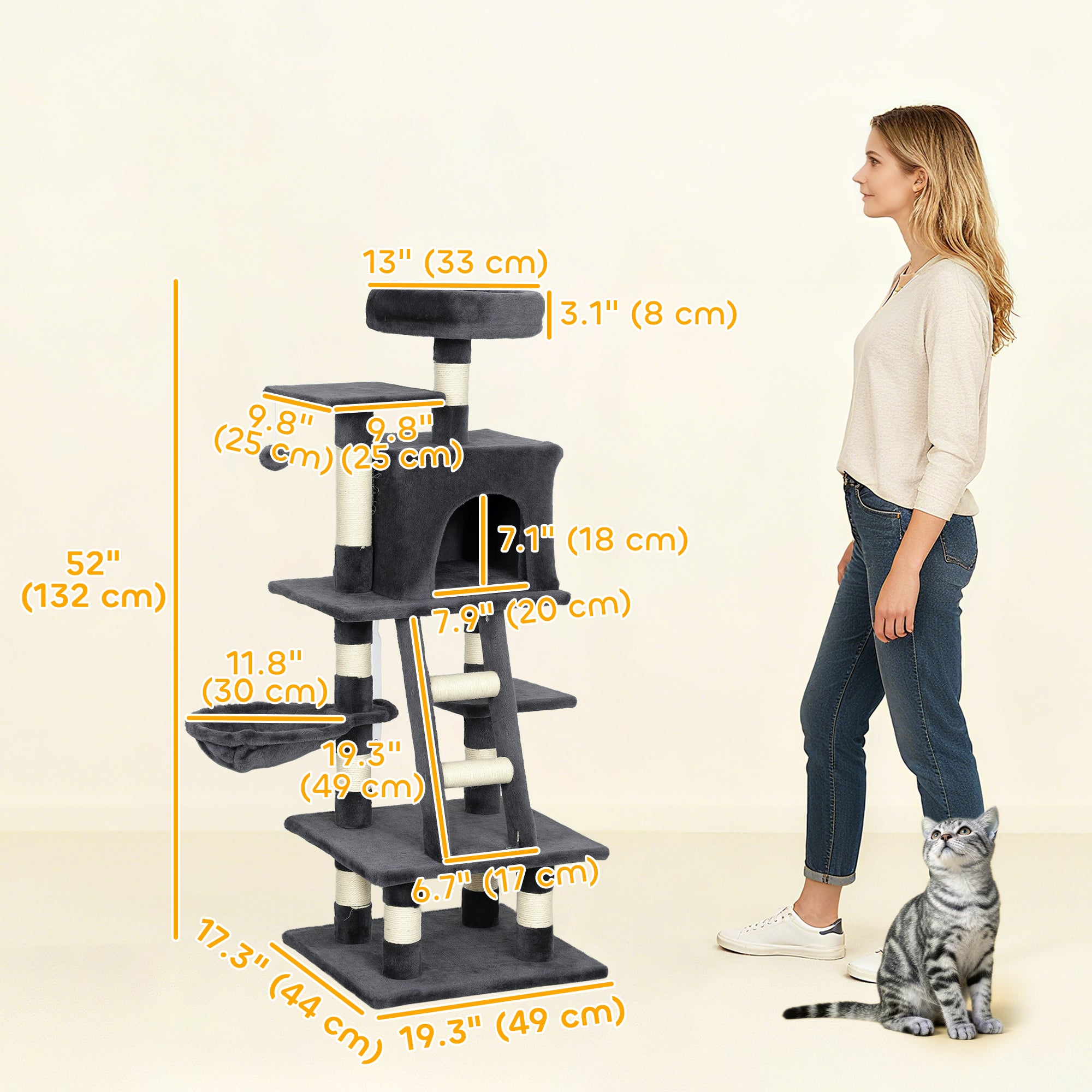 52 Inch Large Cat Tree for Indoor Cats, Dark Grey