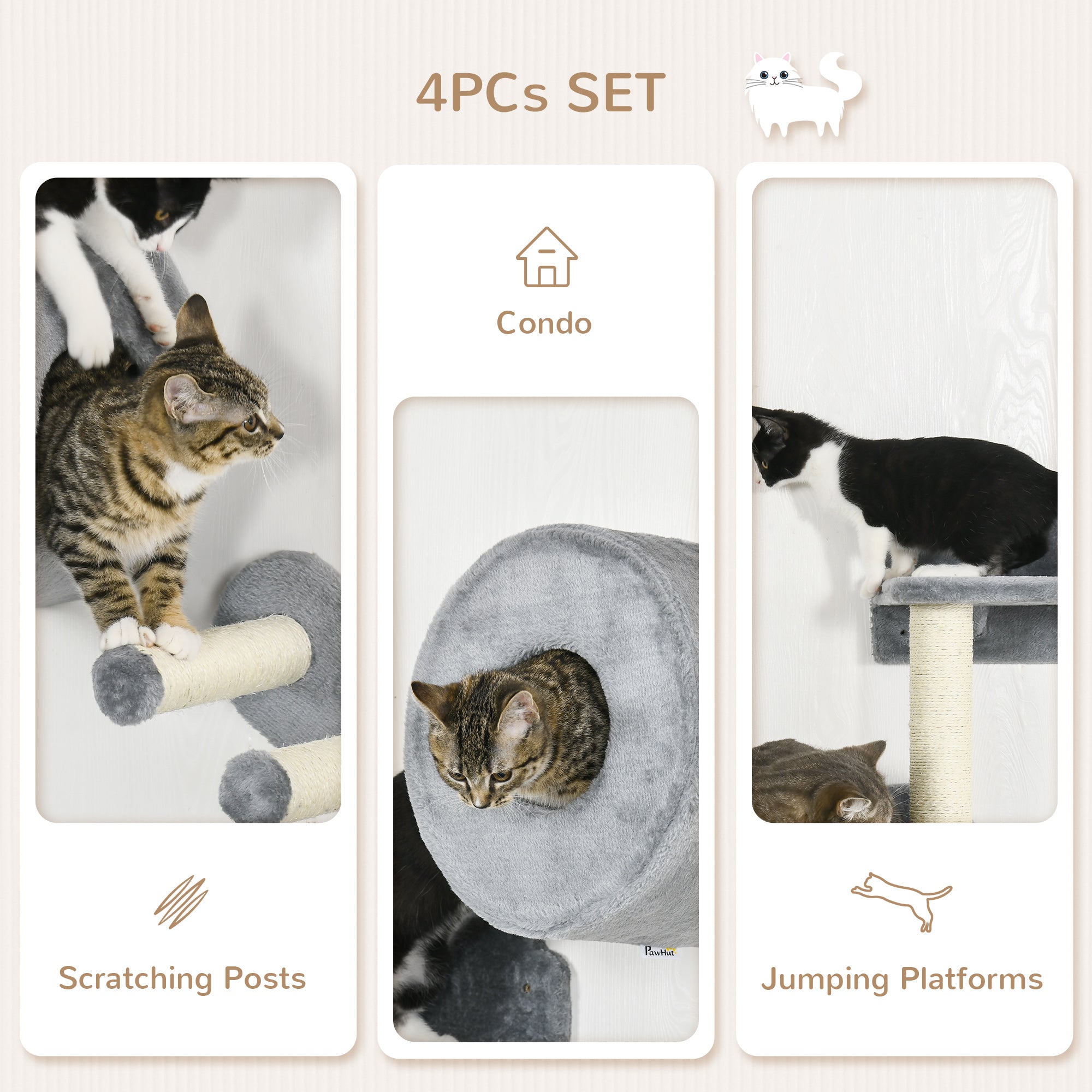 4 PCs 9.3" H Cat Wall Shelves, Pet Wall-mounted Climbing Shelf Set, Kitten Activity Centre with Condo, Cushion, Scratching Post, Jumping Platform, Grey