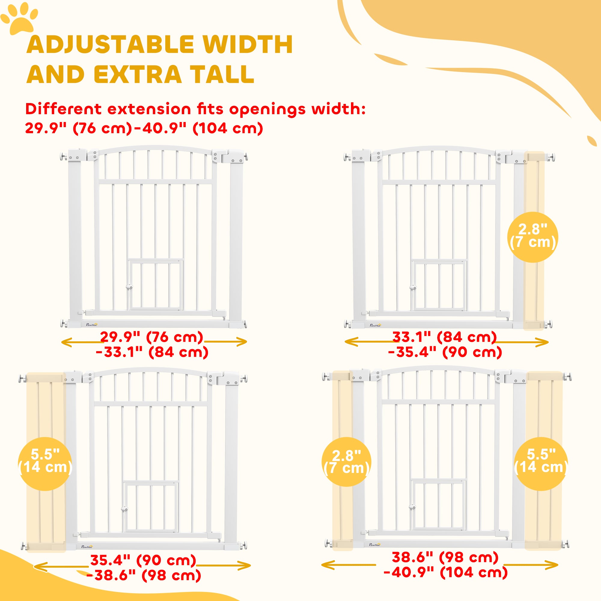 30"-41" Extra Wide Pet Gate with Small Door, 30" H Dog Gate with 3-Inch and 5.5-Inch Extension Kit