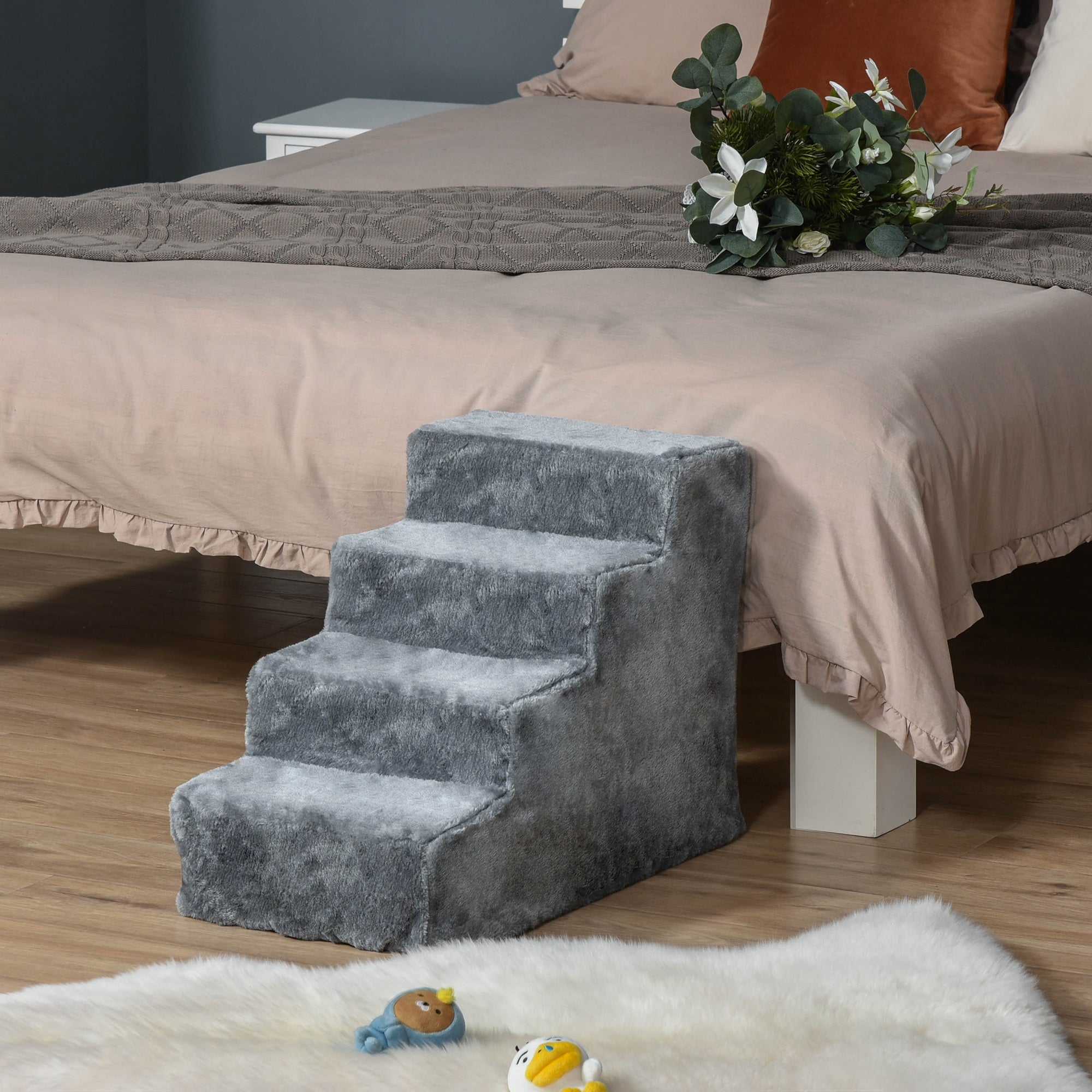 4-Step Dog Ramp for Sofa, Bed, and Couch, with Removable Cover, Light Grey