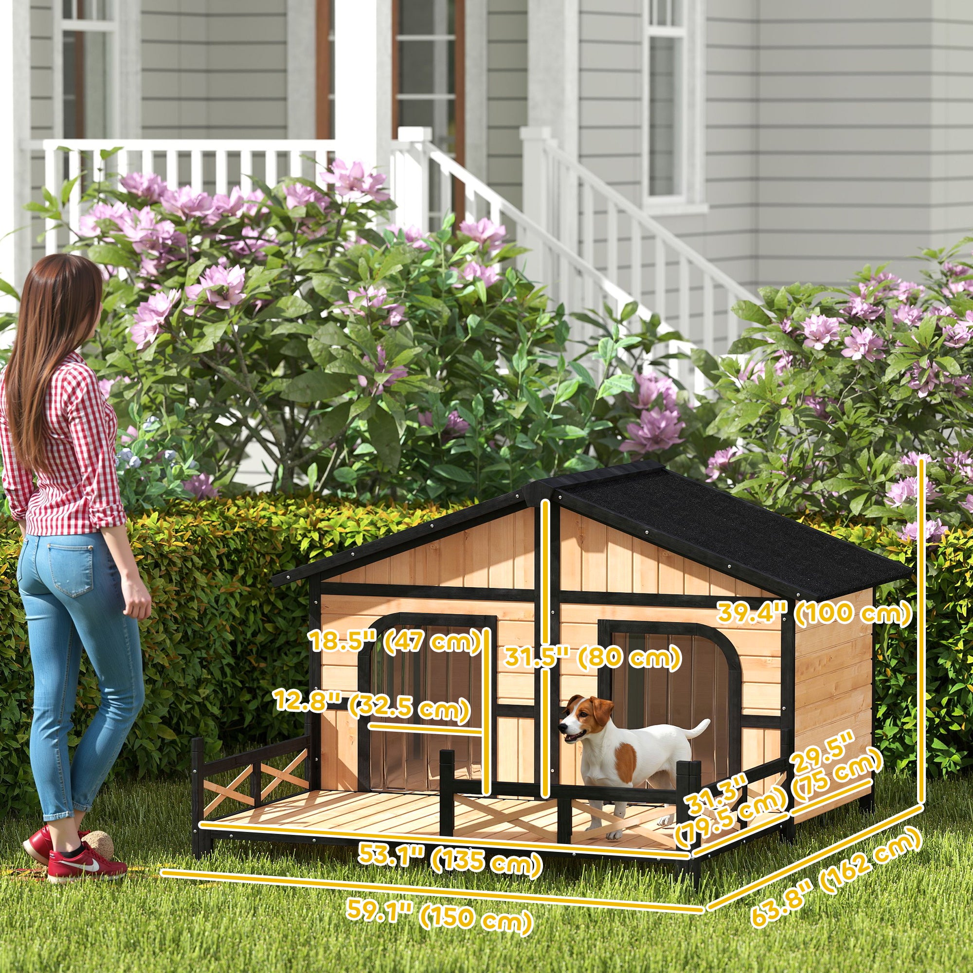 Cabin-Style Wood Dog House with Porch Deck - Beige-DECOROLALA