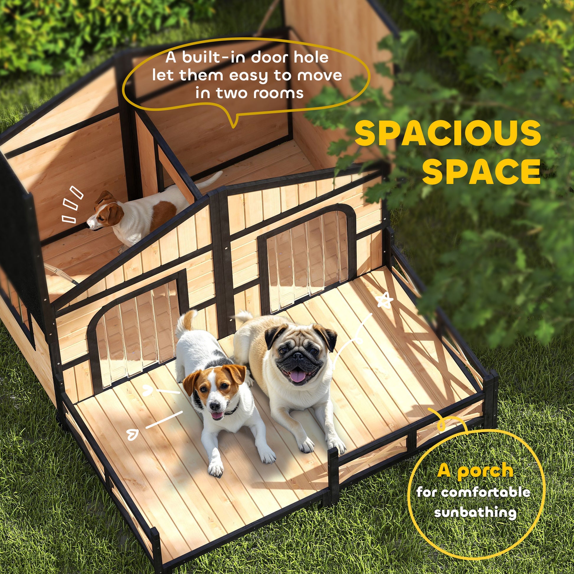 Cabin-Style Wood Dog House with Porch Deck - Beige-DECOROLALA