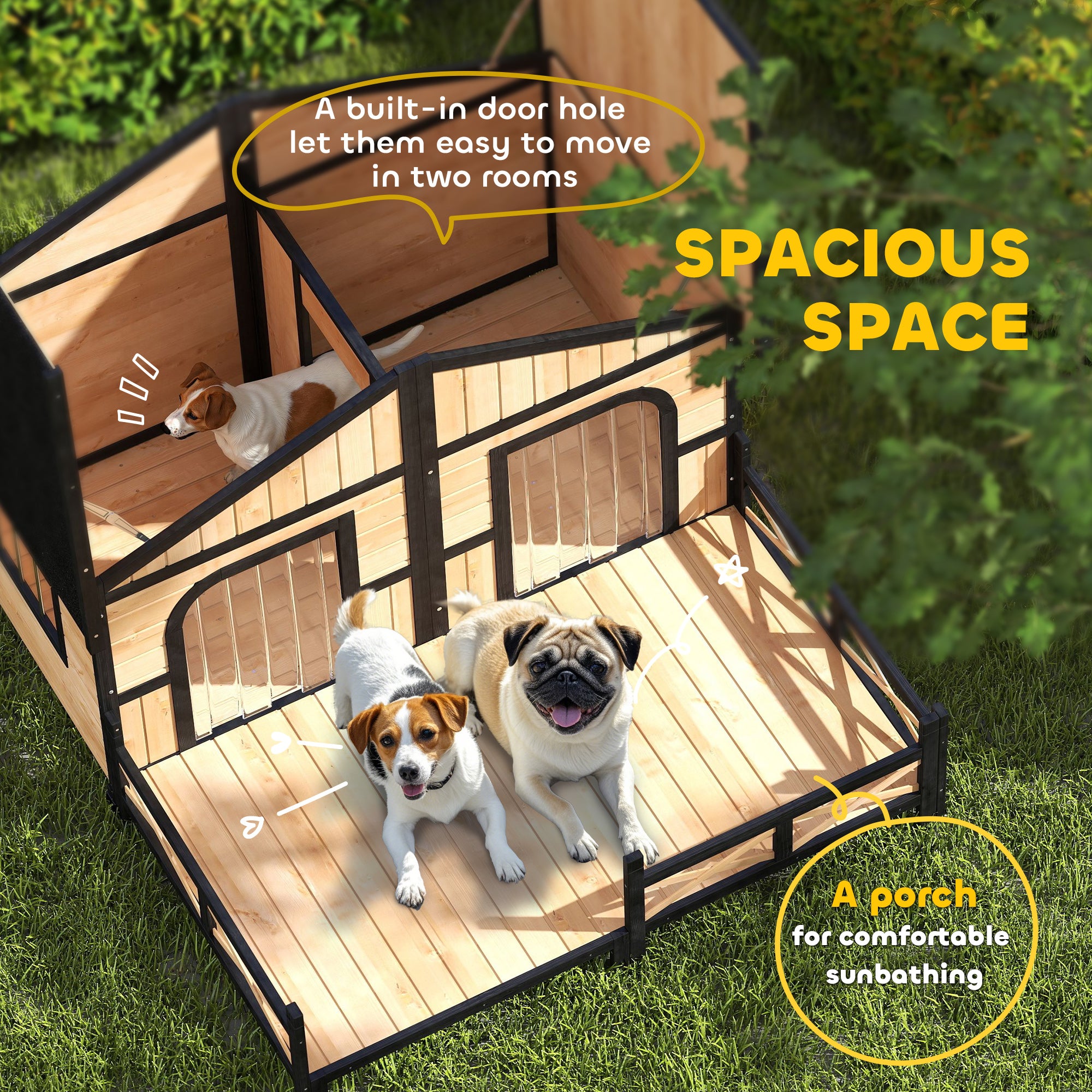 Cabin-Style Wood Dog House with Porch Deck - Beige-DECOROLALA