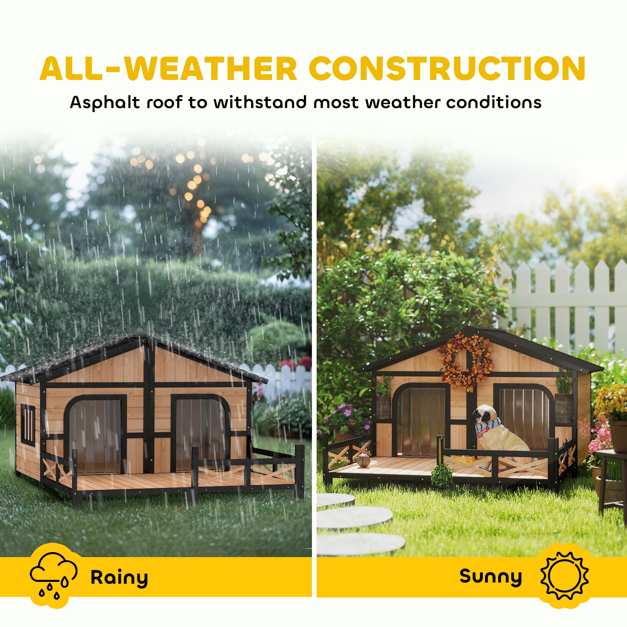 Cabin-Style Wood Dog House with Porch Deck - Beige-DECOROLALA