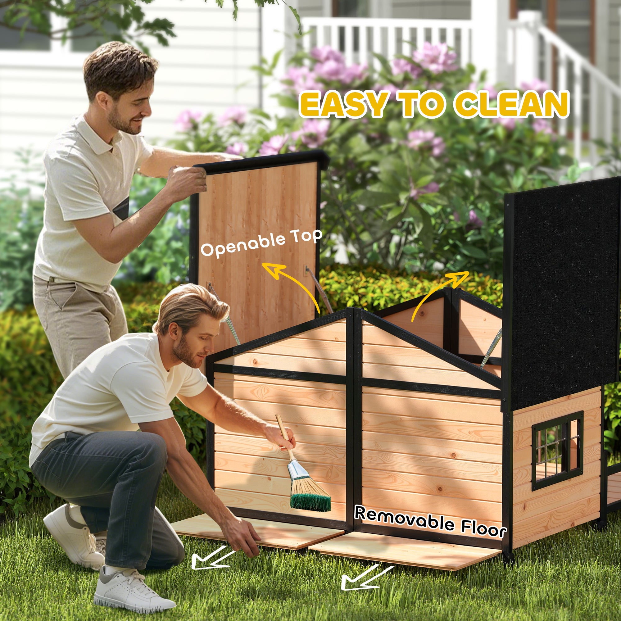 Cabin-Style Wood Dog House with Porch Deck - Beige-DECOROLALA