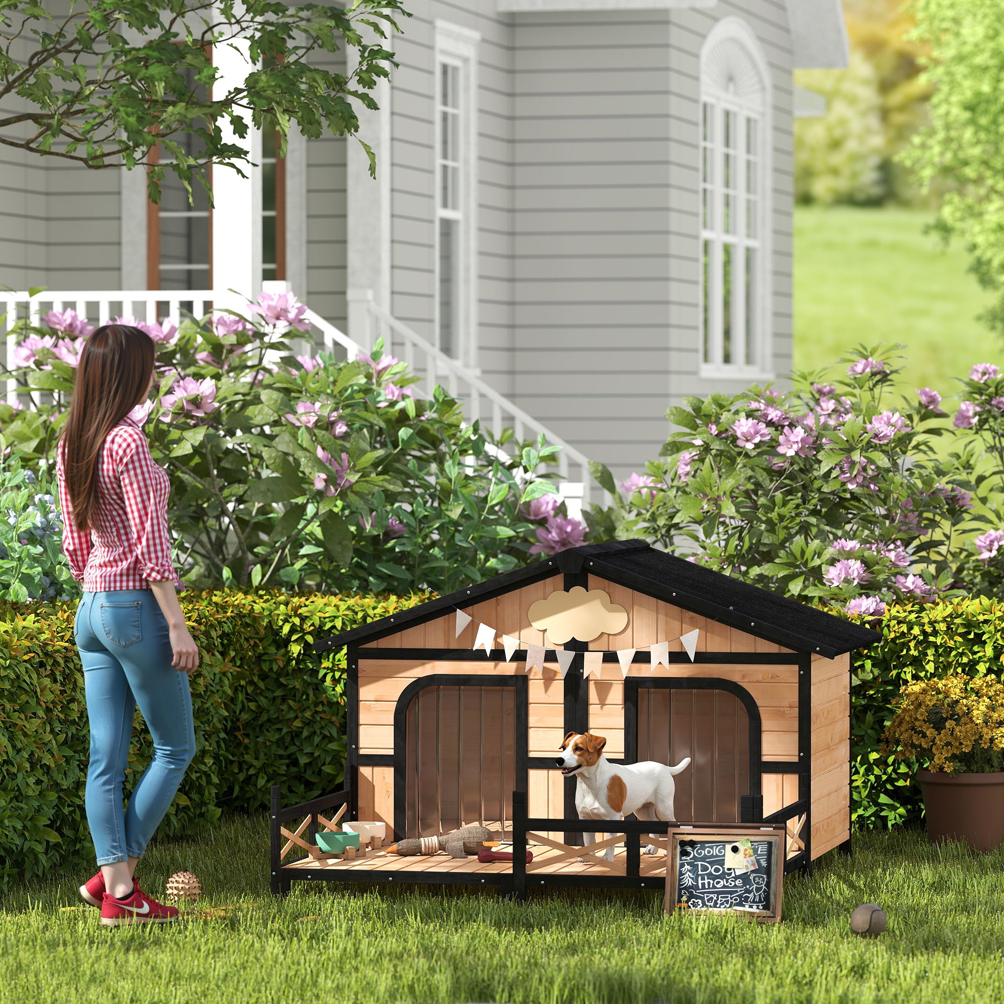 Cabin-Style Wood Dog House with Porch Deck - Beige-DECOROLALA