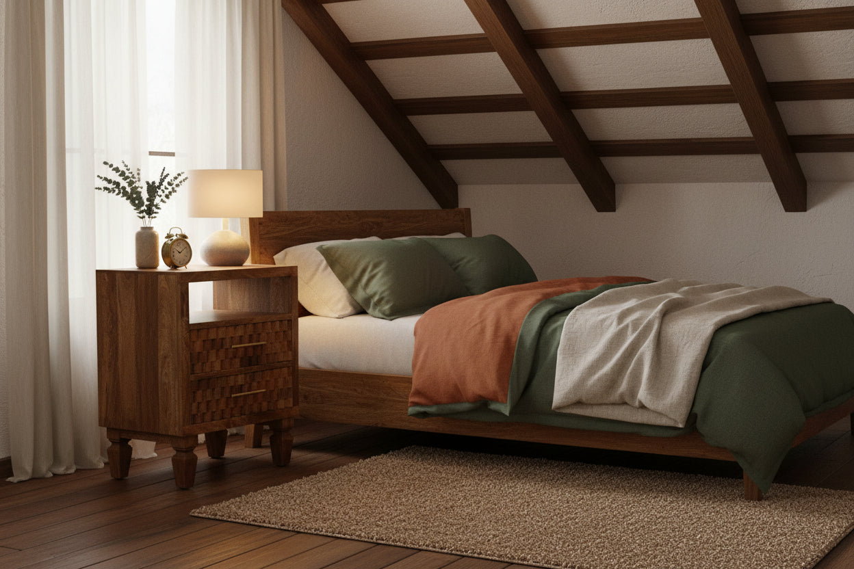 Cadiz Carved Open-Shelf Bedside - Golden Teak Solid Mango Wood-Nightstand-DECOROLALA