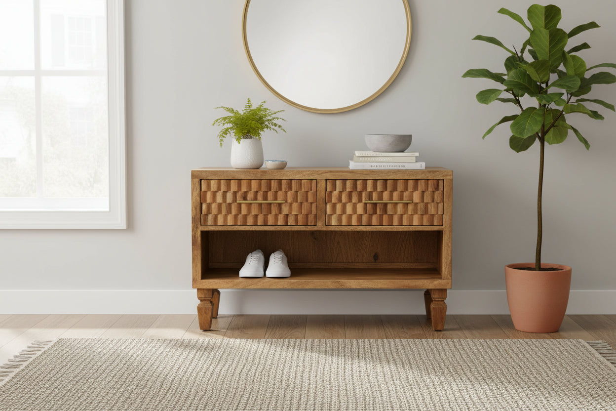 Cadiz Carved Shoe Cabinet - Golden Teak Solid Mango Wood-Cabinet-DECOROLALA