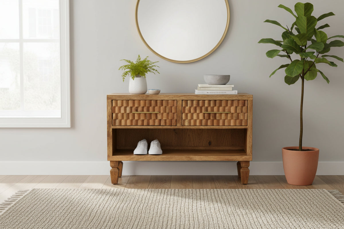 Cadiz Carved Shoe Cabinet - Golden Teak Solid Mango Wood-Cabinets & Storage-DECOROLALA