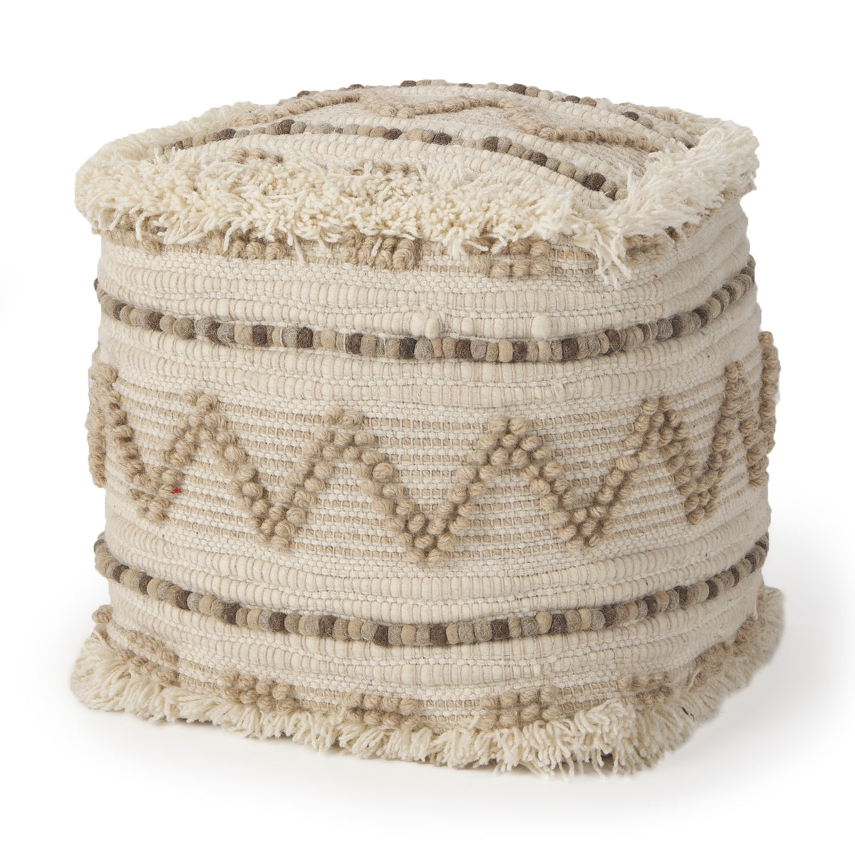 Caela Beige/Brown Wool, Cotton and Felt Popcorn Stitch Square Pouf-Poufs-DECOROLALA