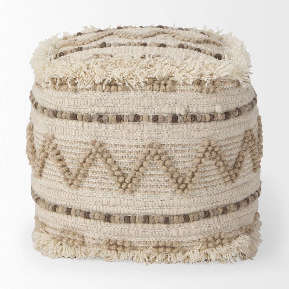 Caela Beige/Brown Wool, Cotton and Felt Popcorn Stitch Square Pouf-Poufs-DECOROLALA