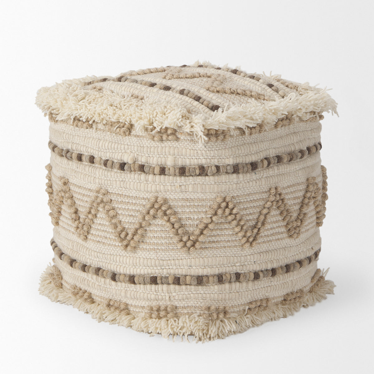 Caela Beige/Brown Wool, Cotton and Felt Popcorn Stitch Square Pouf-Poufs-DECOROLALA