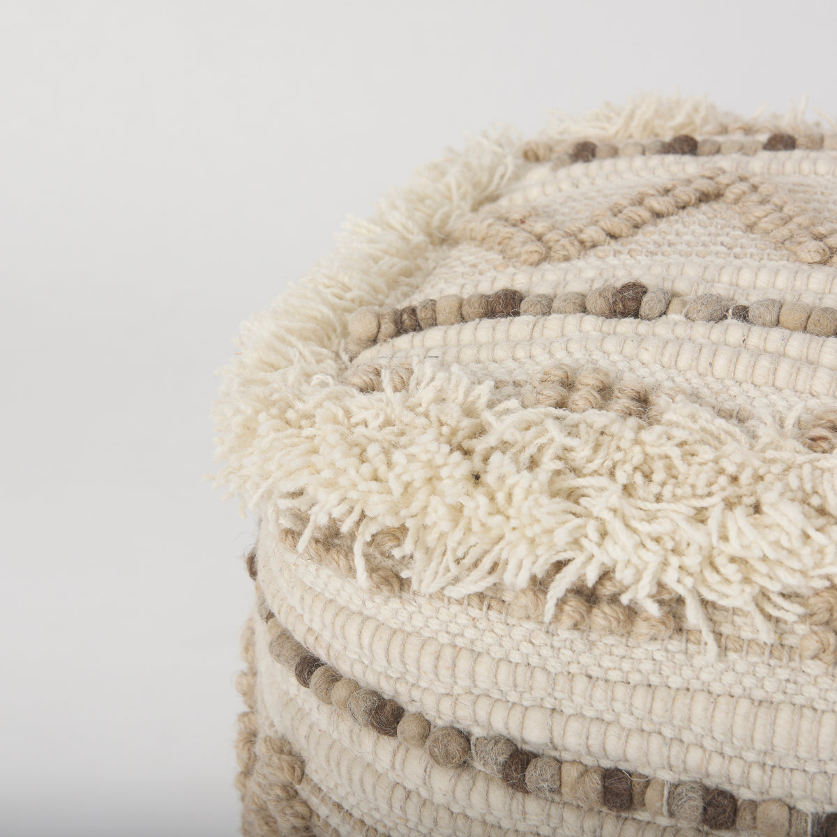 Caela Beige/Brown Wool, Cotton and Felt Popcorn Stitch Square Pouf-Poufs-DECOROLALA