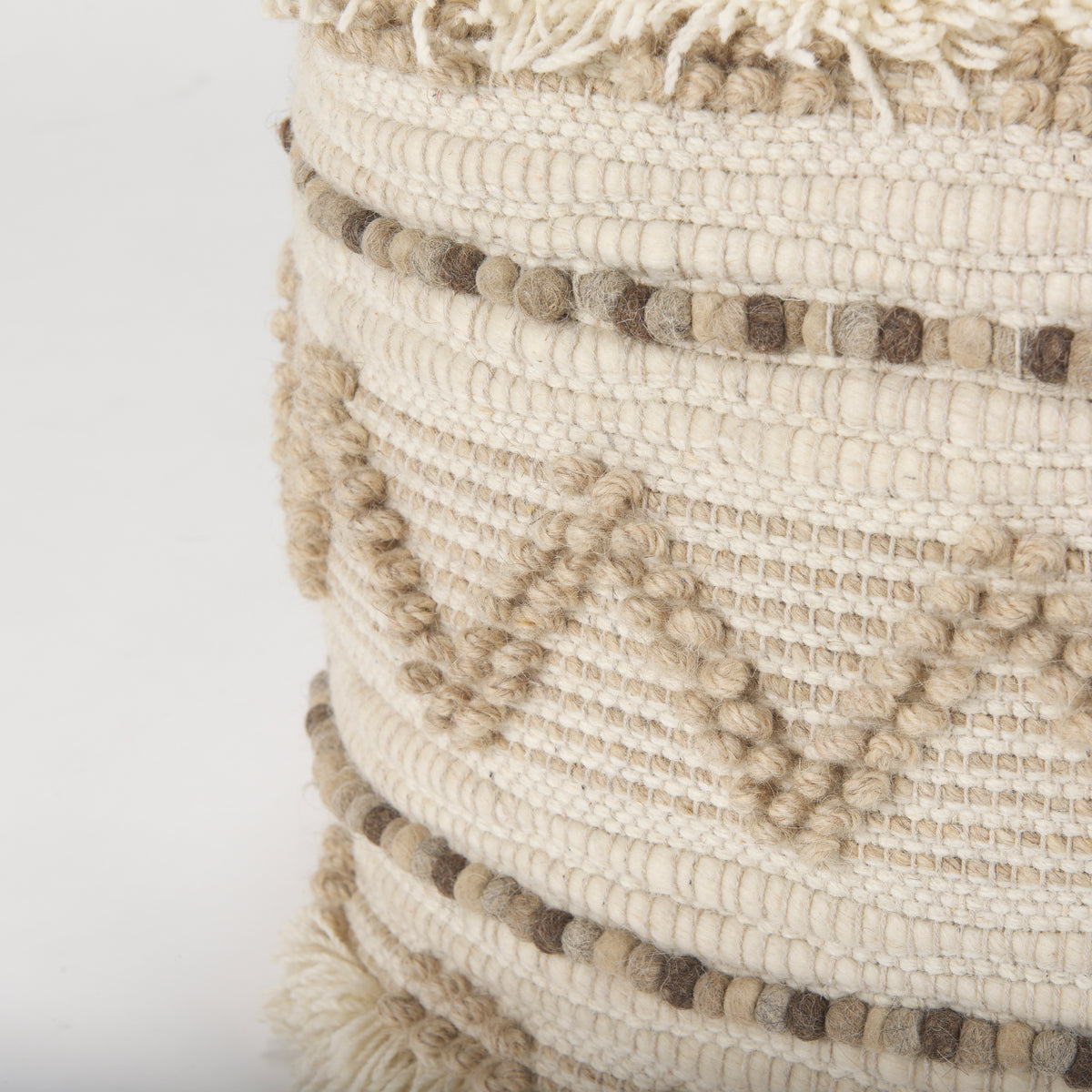 Caela Beige/Brown Wool, Cotton and Felt Popcorn Stitch Square Pouf-Poufs-DECOROLALA