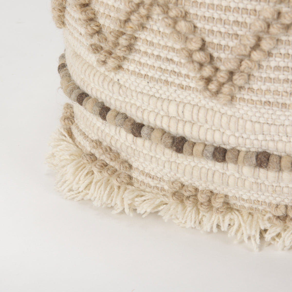 Caela Beige/Brown Wool, Cotton and Felt Popcorn Stitch Square Pouf-Poufs-DECOROLALA