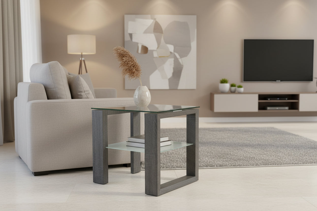 Caleb End Table with Glass Shelf-End Table-DECOROLALA