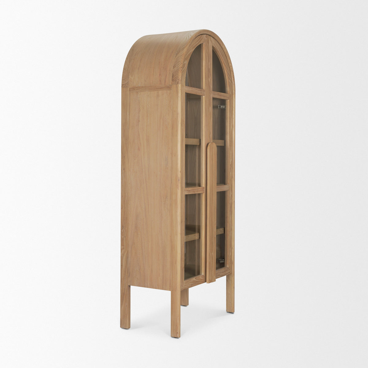 Callum Light Brown Elm Wood w/ Glass Doors Arched Curio Cabinet-Cabinets-DECOROLALA