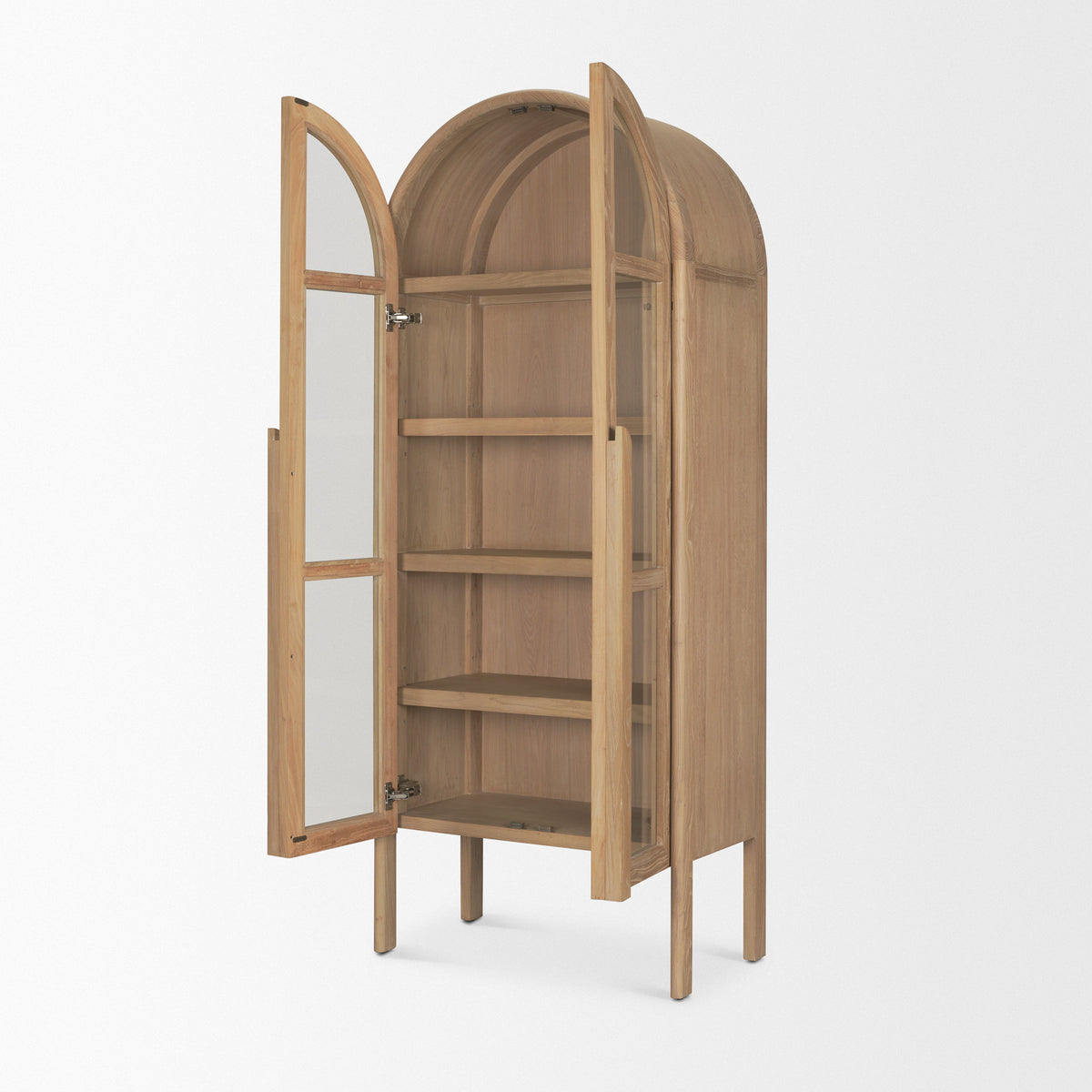 Callum Light Brown Elm Wood w/ Glass Doors Arched Curio Cabinet-Cabinets-DECOROLALA