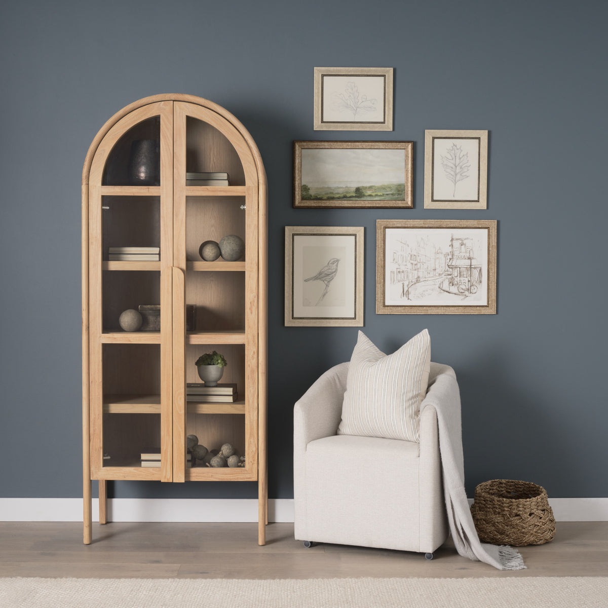 Callum Light Brown Elm Wood w/ Glass Doors Arched Curio Cabinet-Cabinets-DECOROLALA