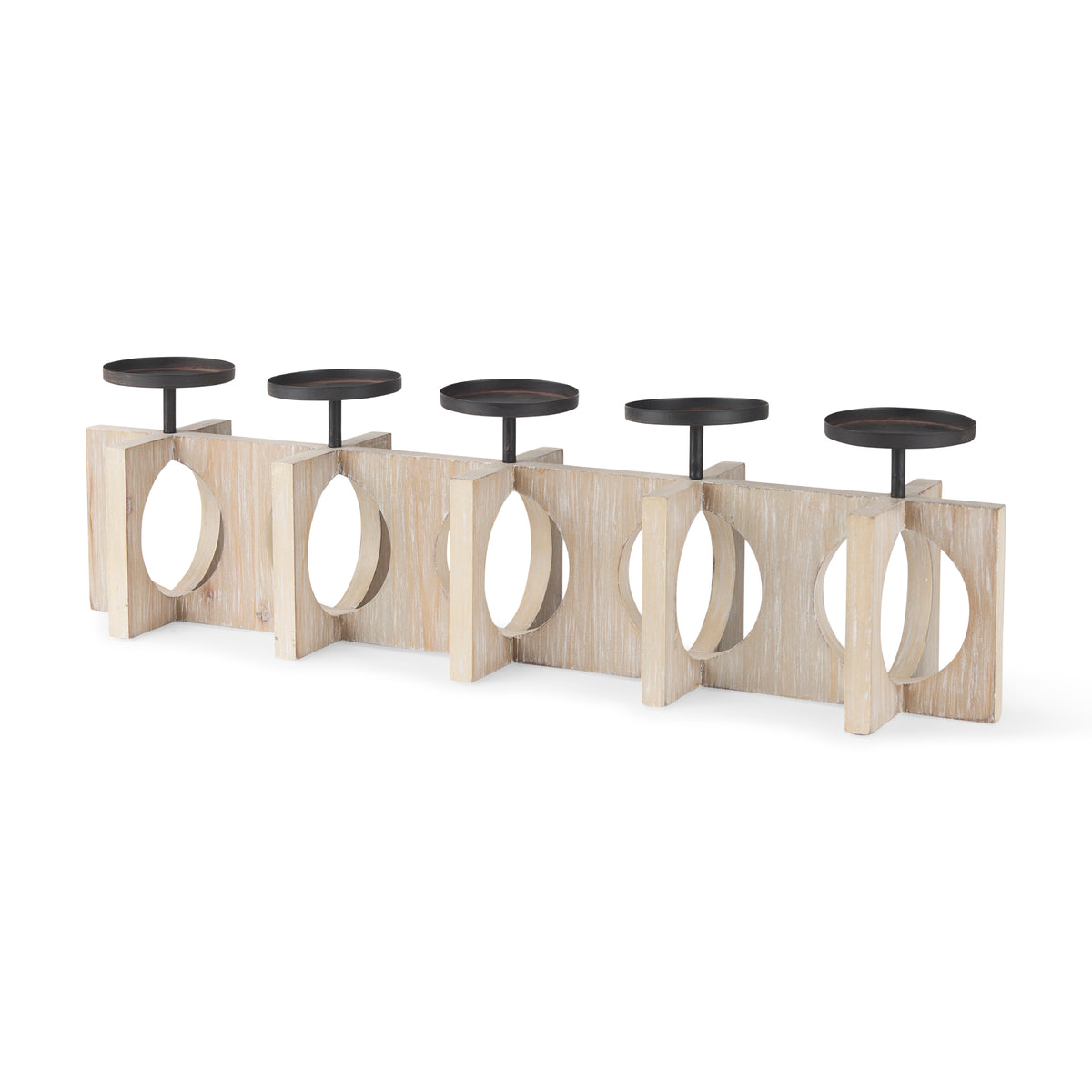 Cambie 29.0L x 6.0W x 9.0H Natural Wood W/Black Metal Candle Holders-Table Candle Holders-DECOROLALA